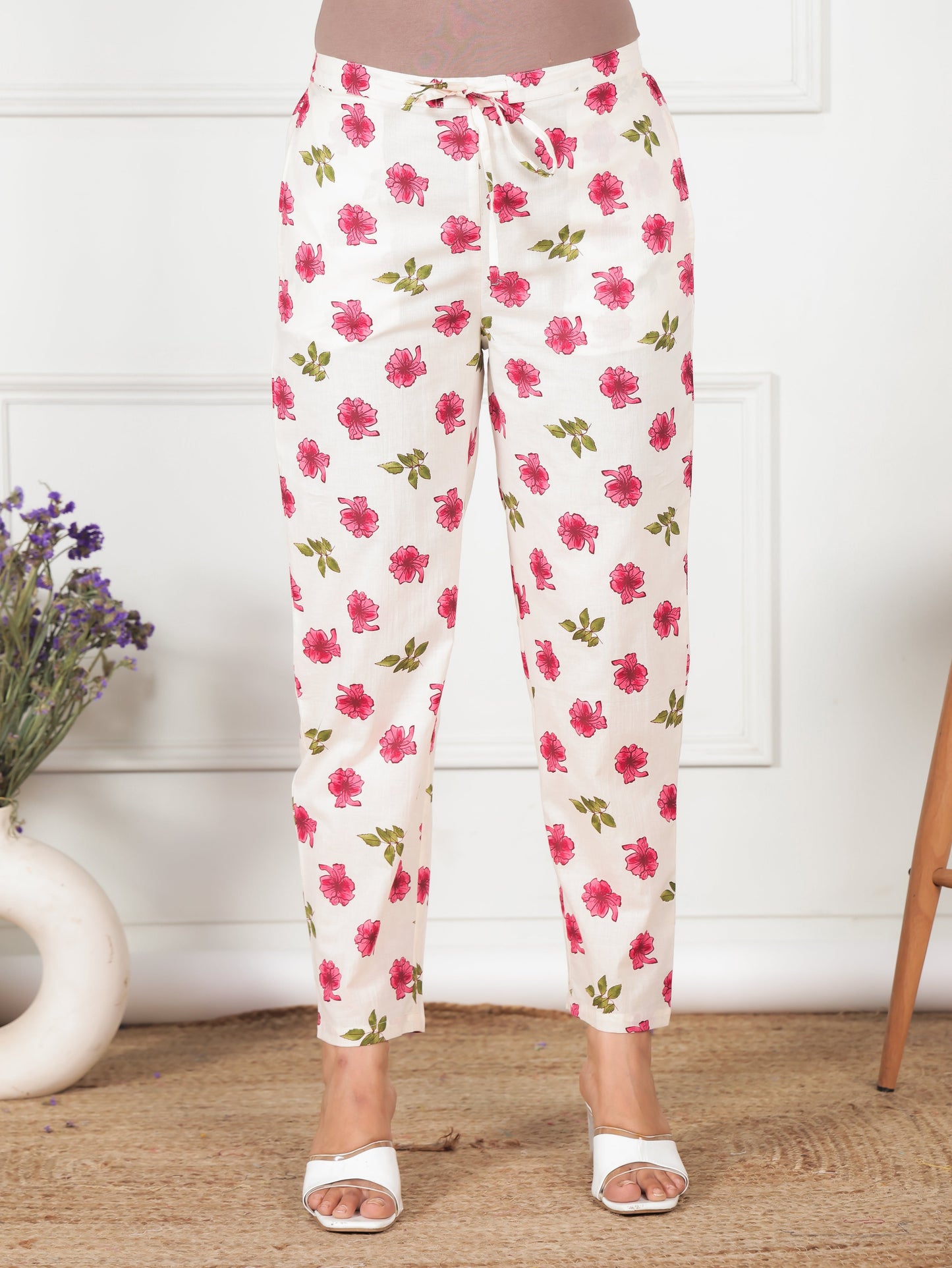 Soft Cotton Floral Cream Tapered Trousers