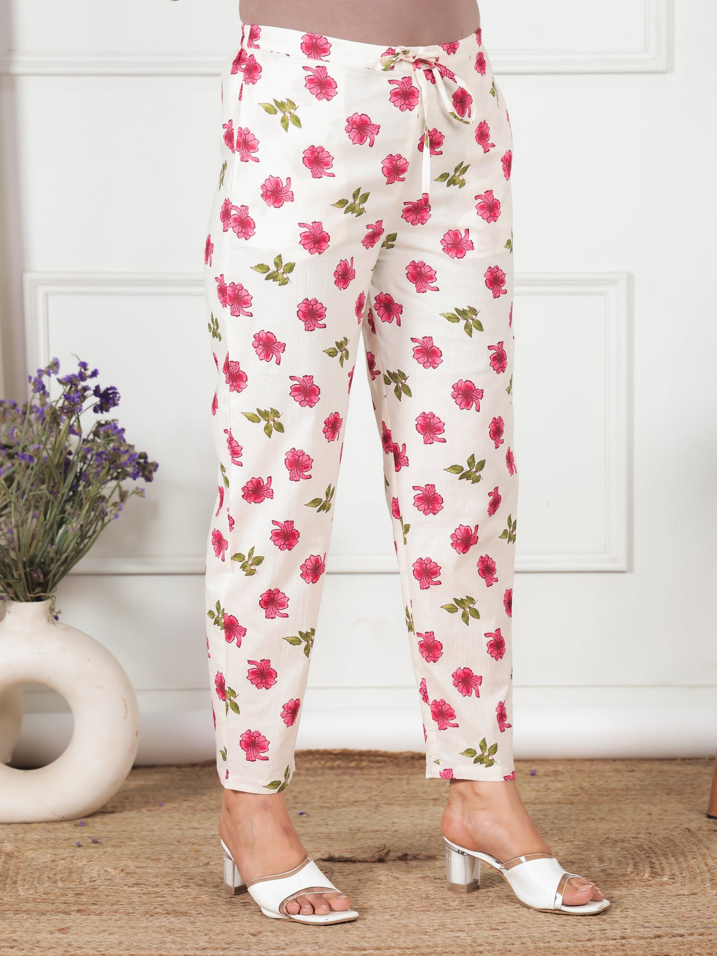 Soft Cotton Floral Cream Tapered Trousers