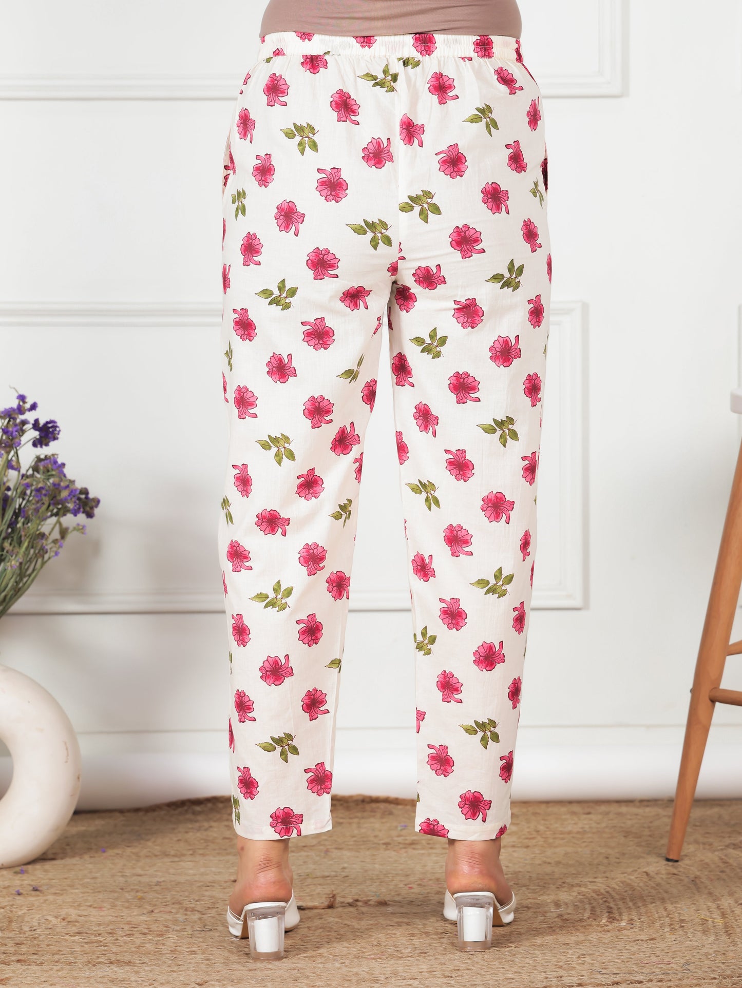 Soft Cotton Floral Cream Tapered Trousers