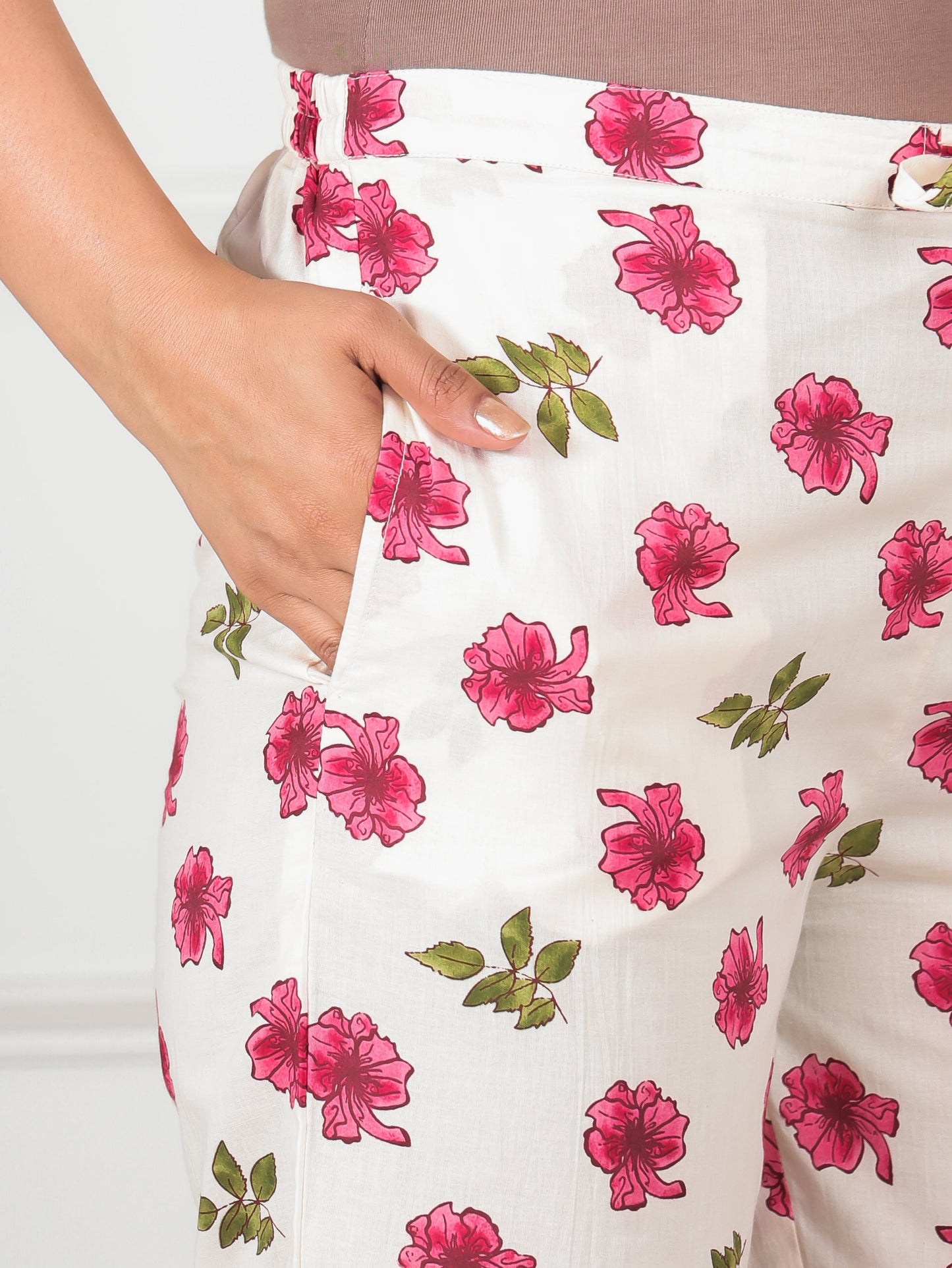 Soft Cotton Floral Cream Tapered Trousers