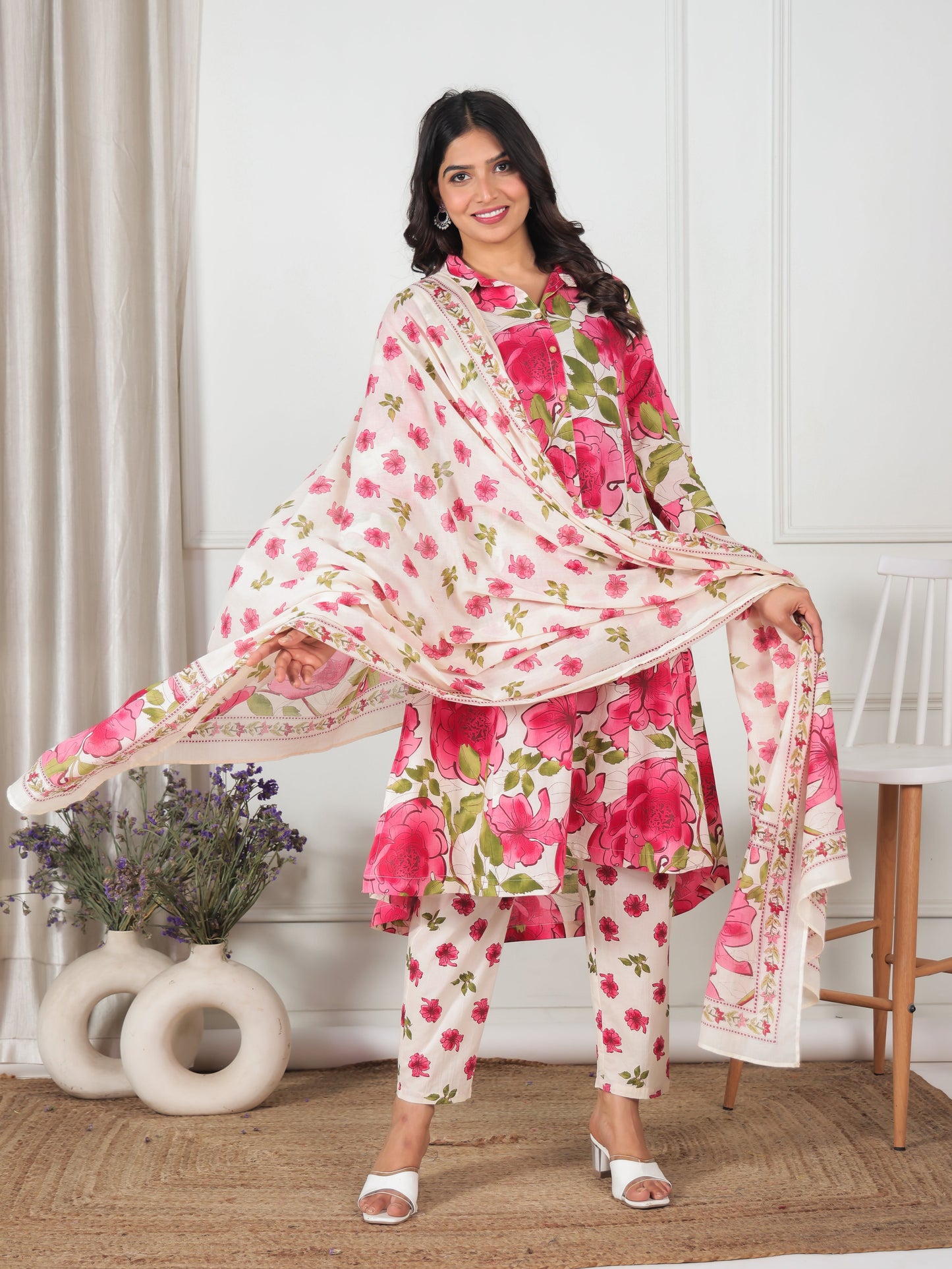 Cotton Voile Floral Cream Dupatta