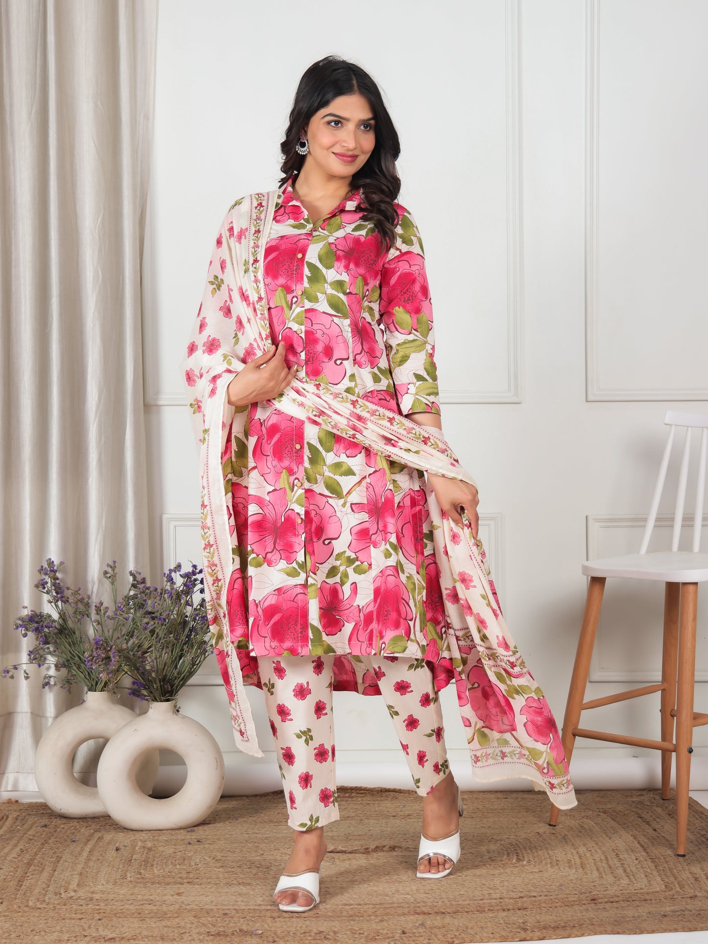 Cotton Voile Floral Cream Dupatta