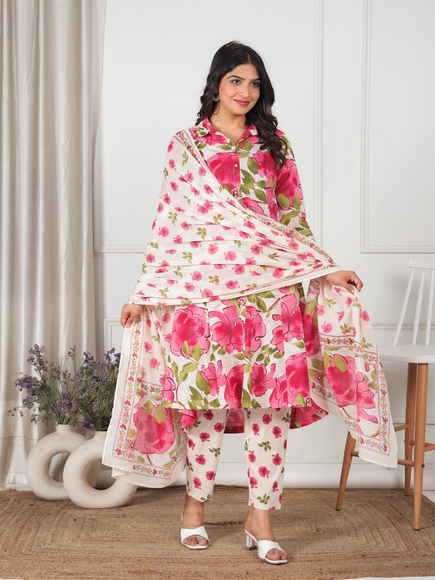 Soft Cotton Floral High Low Cream Kurta