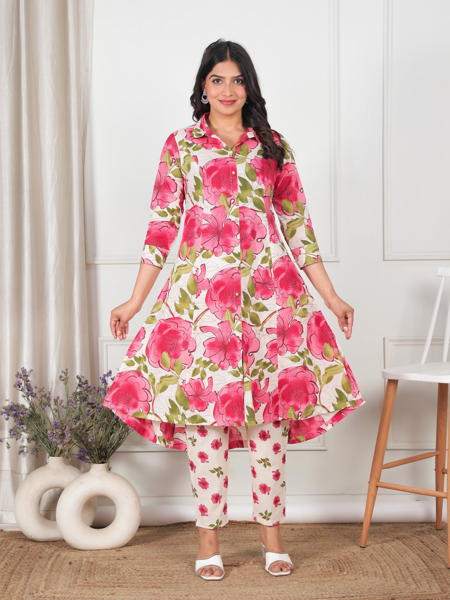 Soft Cotton Floral High Low Cream Kurta