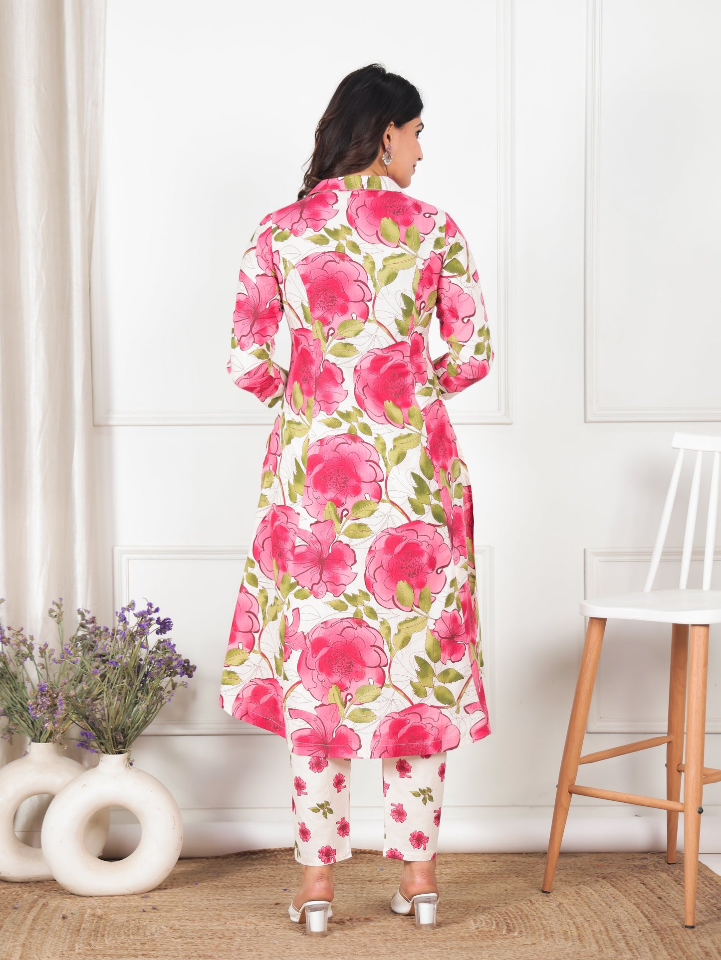 Soft Cotton Floral High Low Cream Kurta