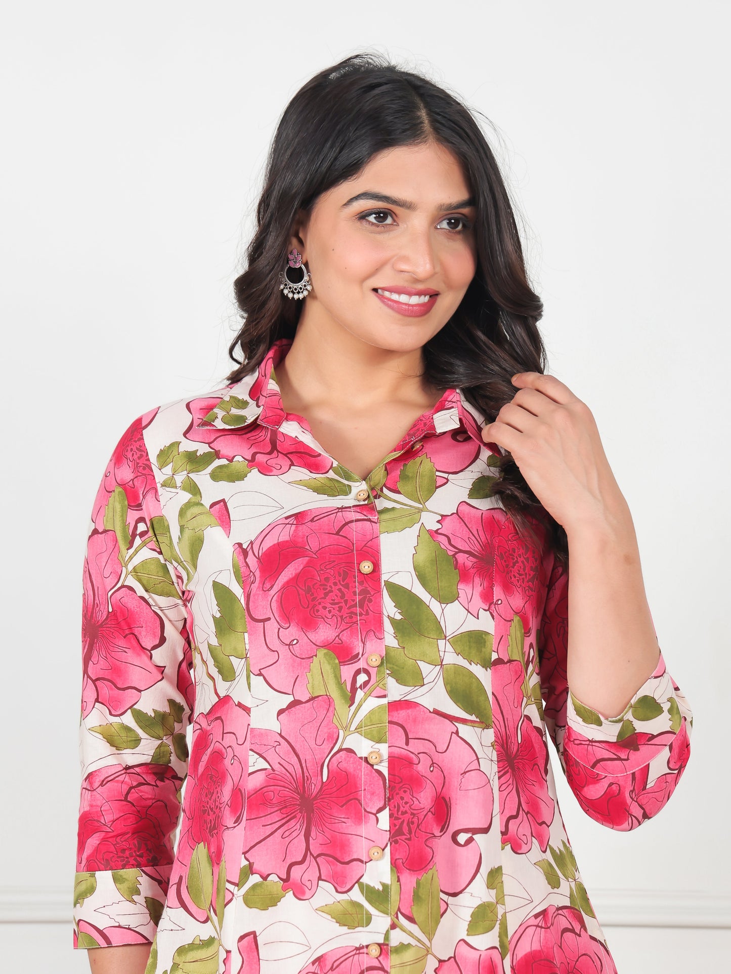 Soft Cotton Floral High Low Cream Kurta