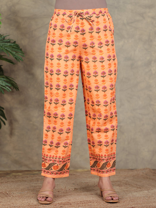 Soft Cotton Floral Orange Straight Trousers