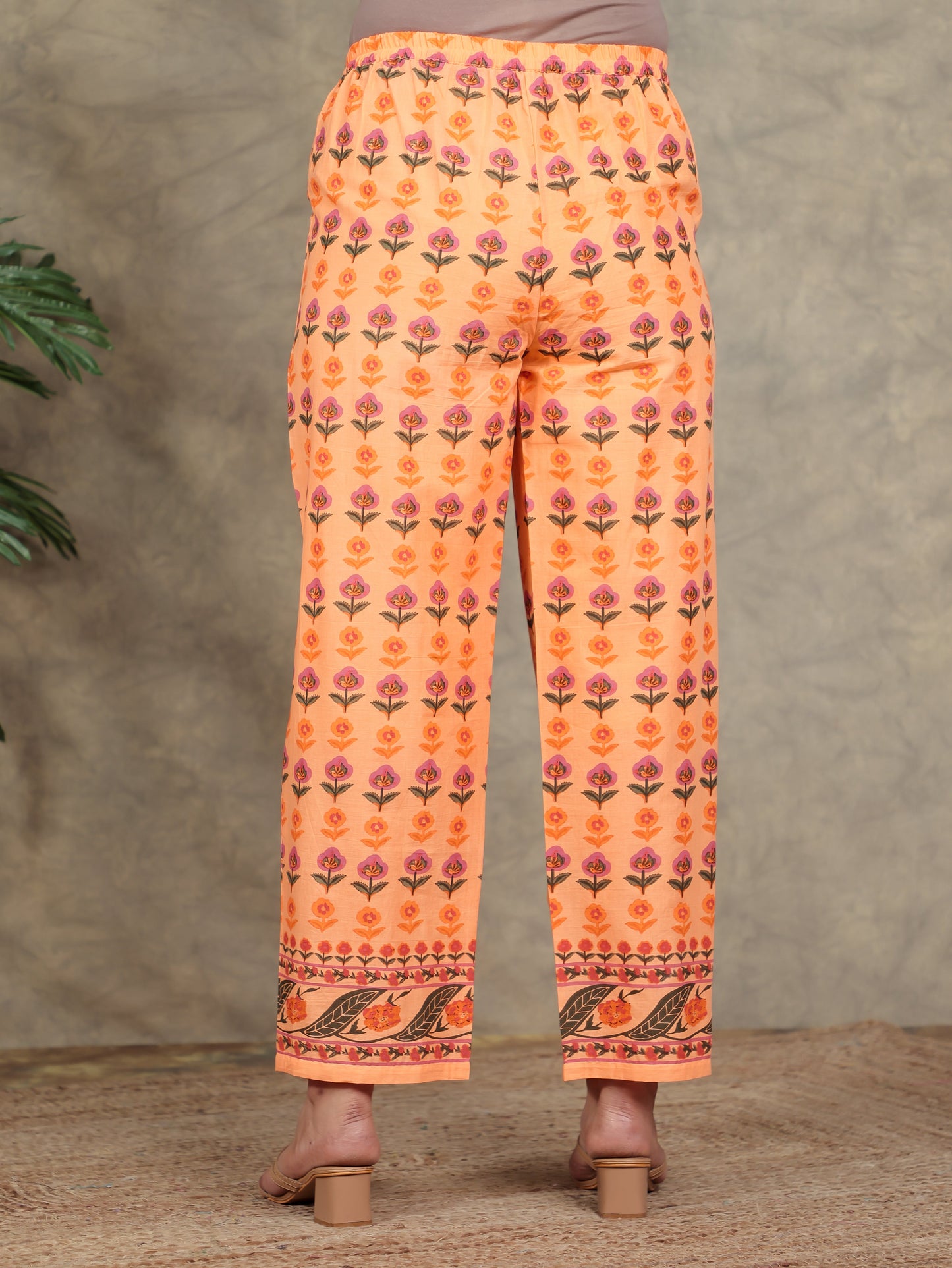 Soft Cotton Floral Orange Straight Trousers