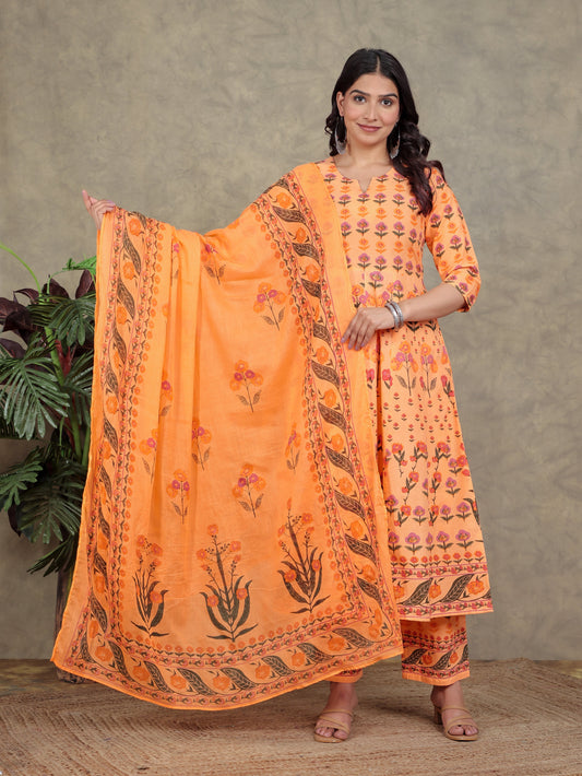 Cotton Voile Floral Orange Dupatta