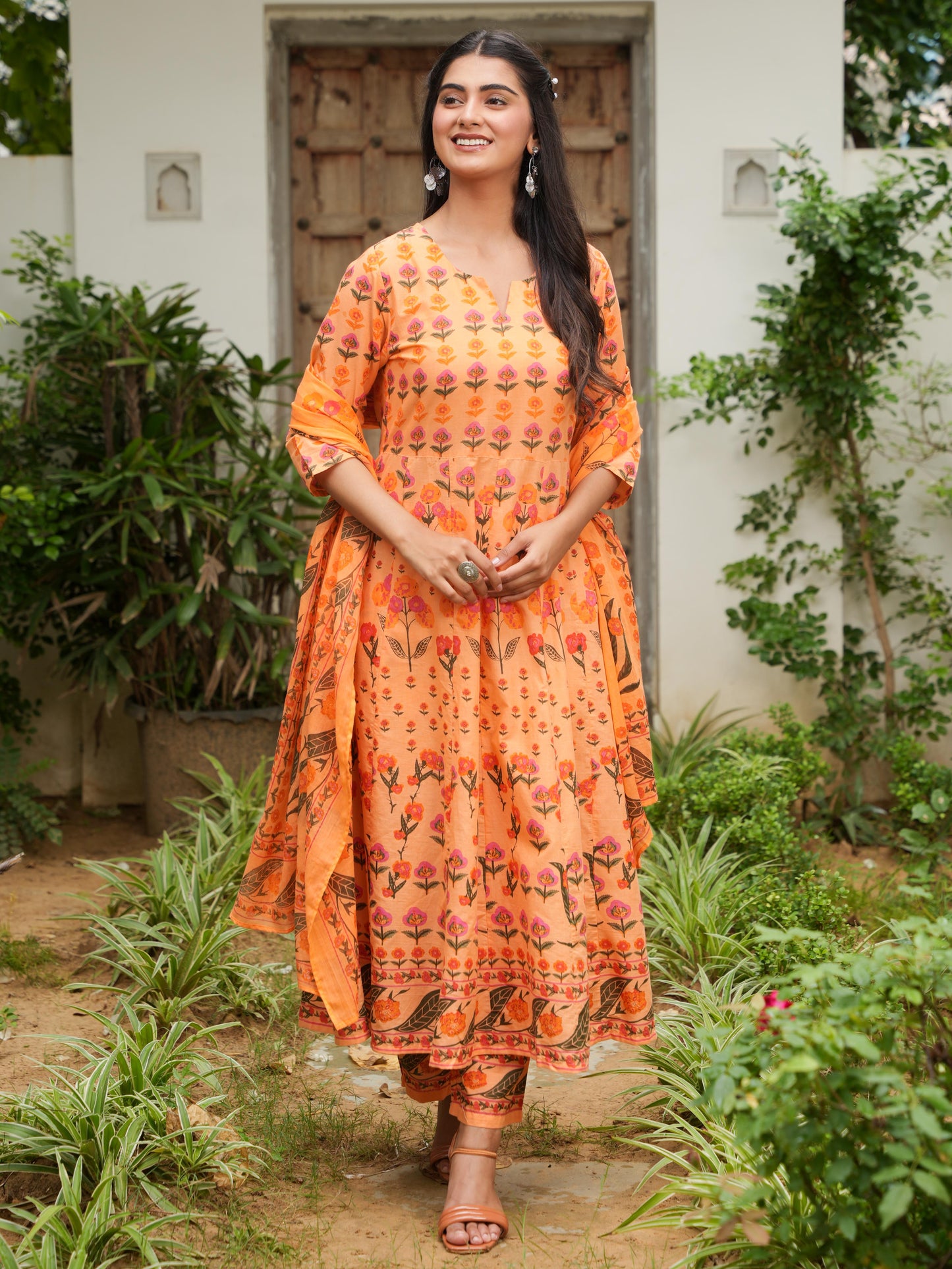 Cotton Voile Floral Orange Dupatta