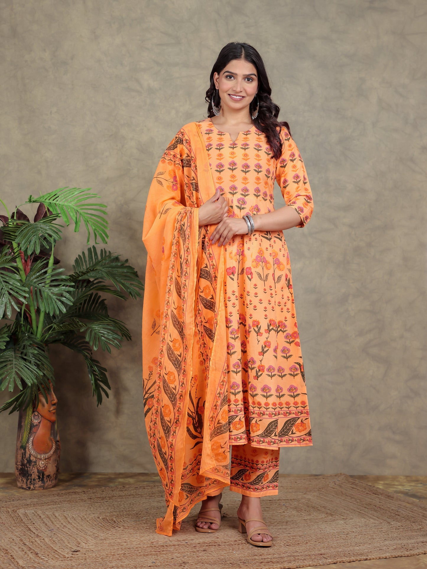 Cotton Voile Floral Orange Dupatta