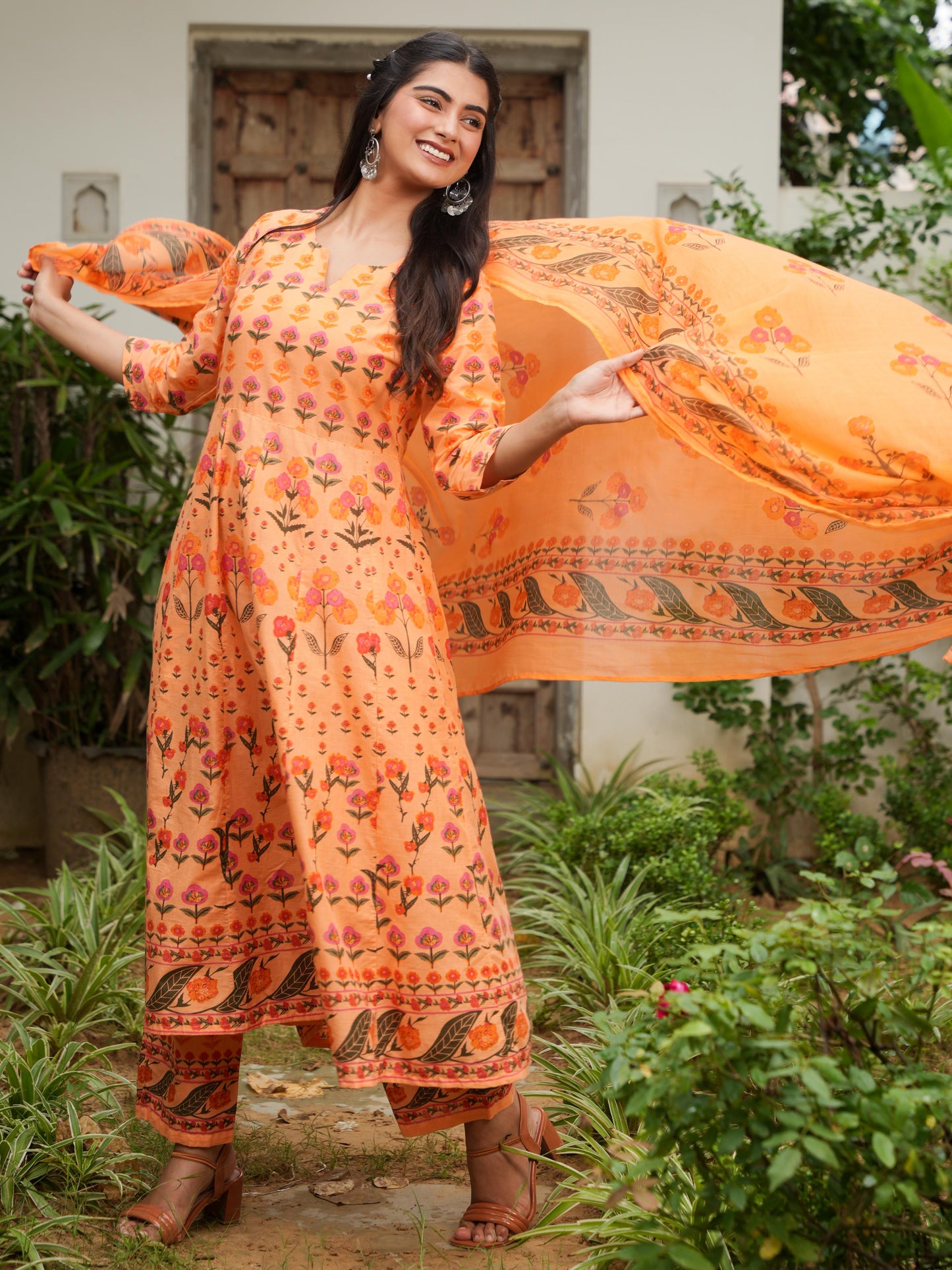 Cotton Voile Floral Orange Dupatta