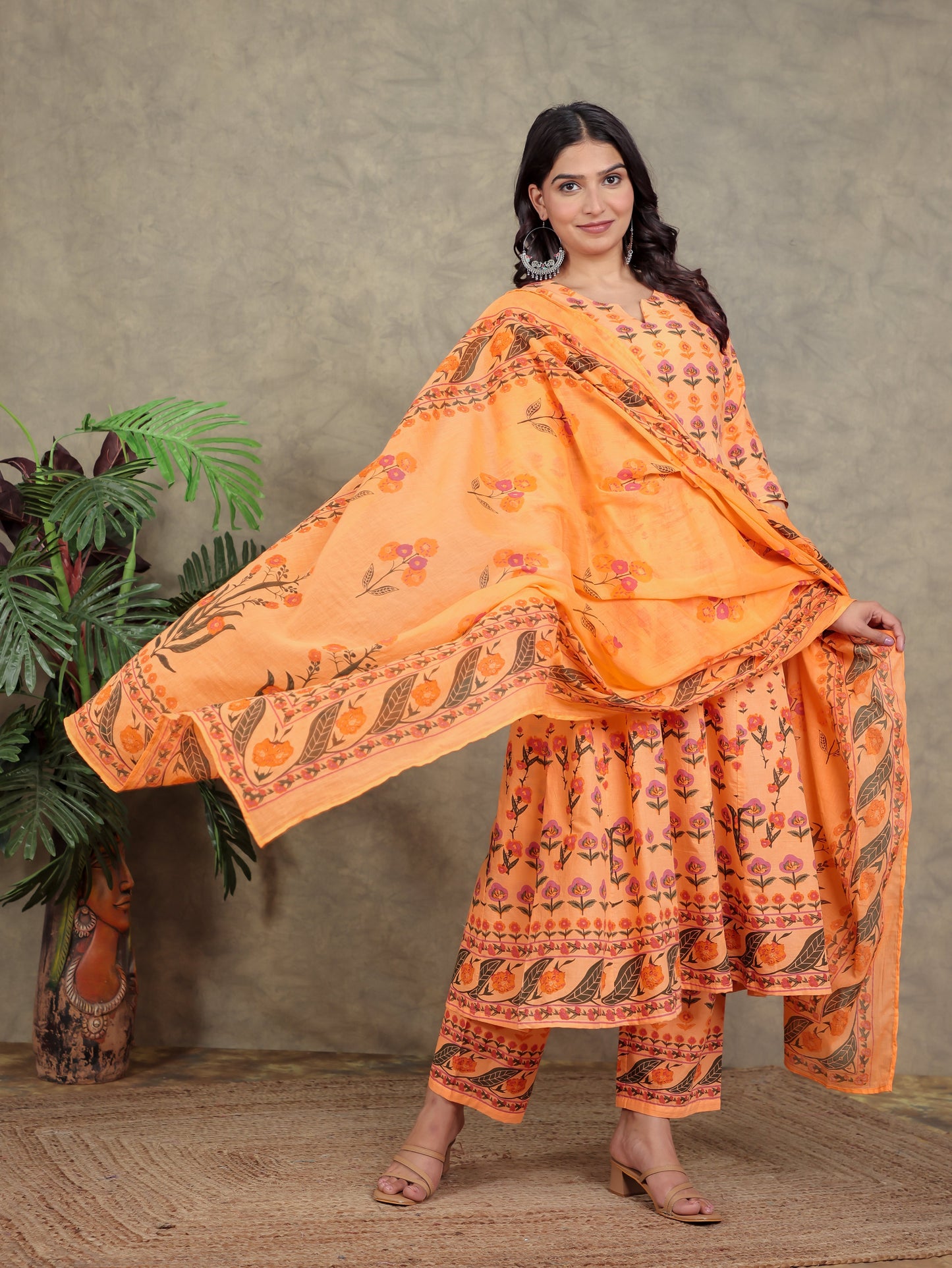 Cotton Voile Floral Orange Dupatta