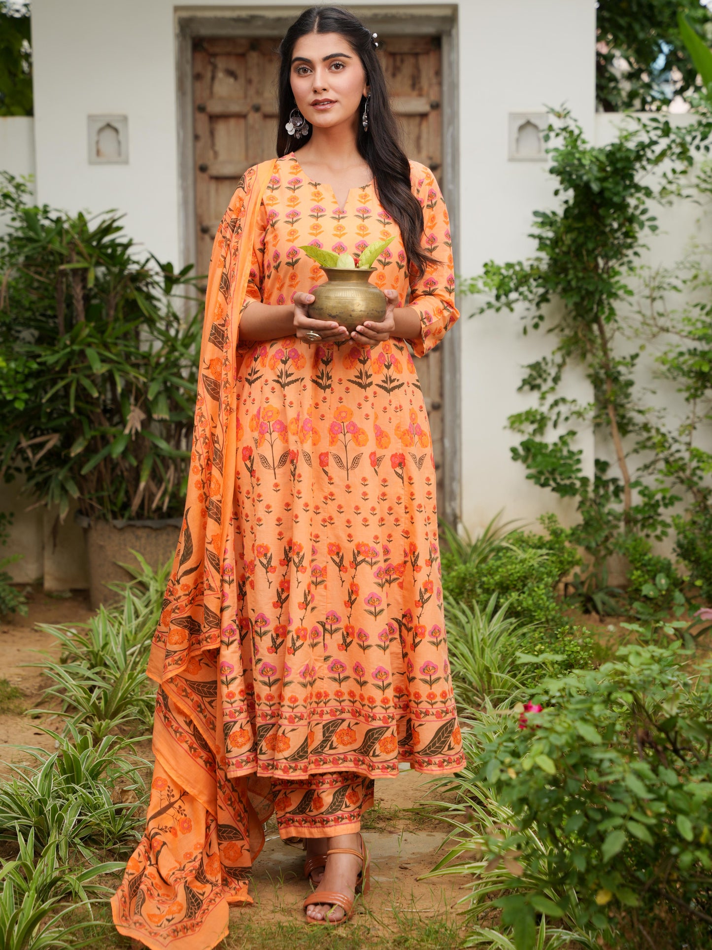 Cotton Voile Floral Orange Dupatta