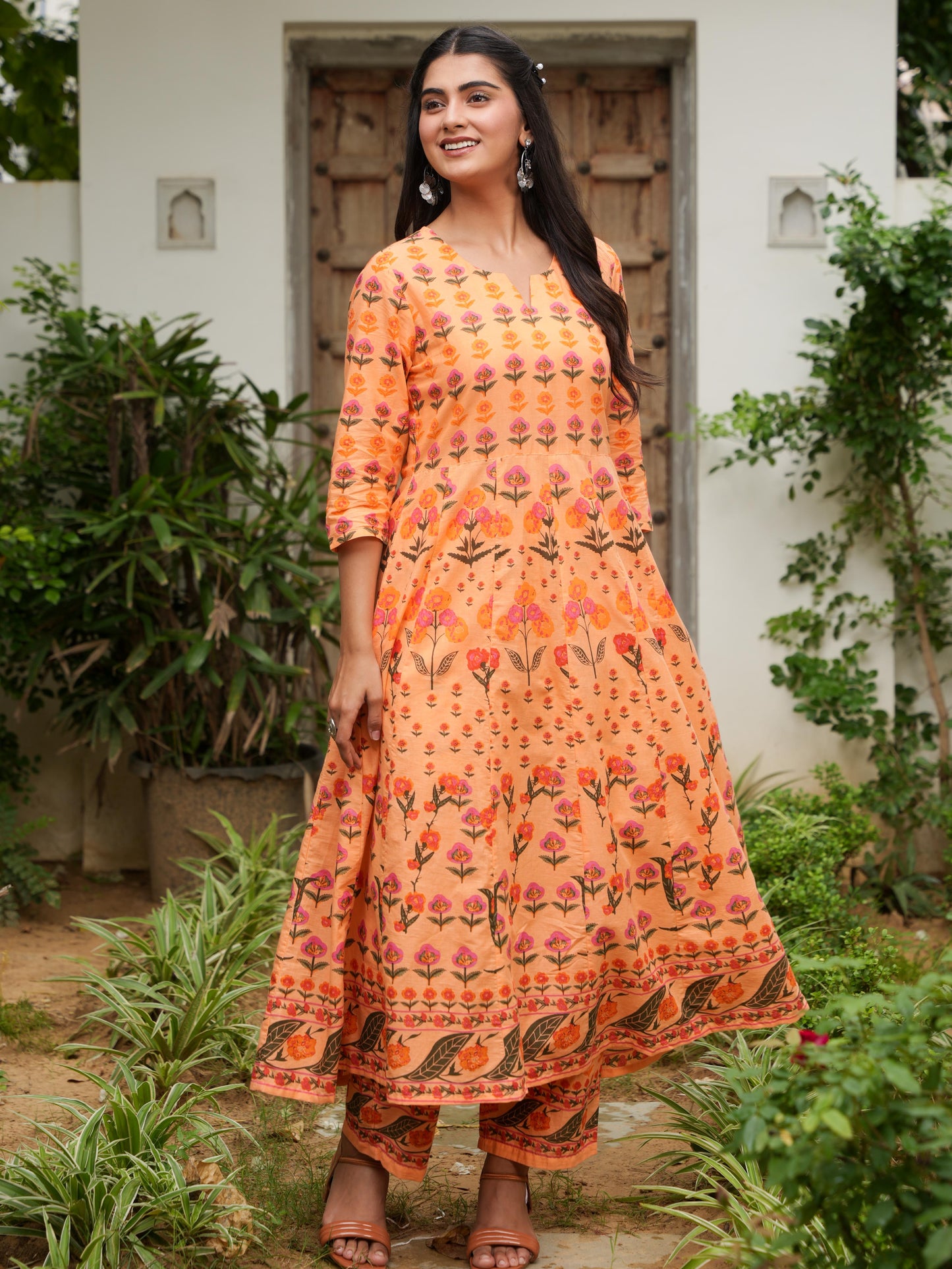 Soft Cotton Floral Anarkali Orange Kurta
