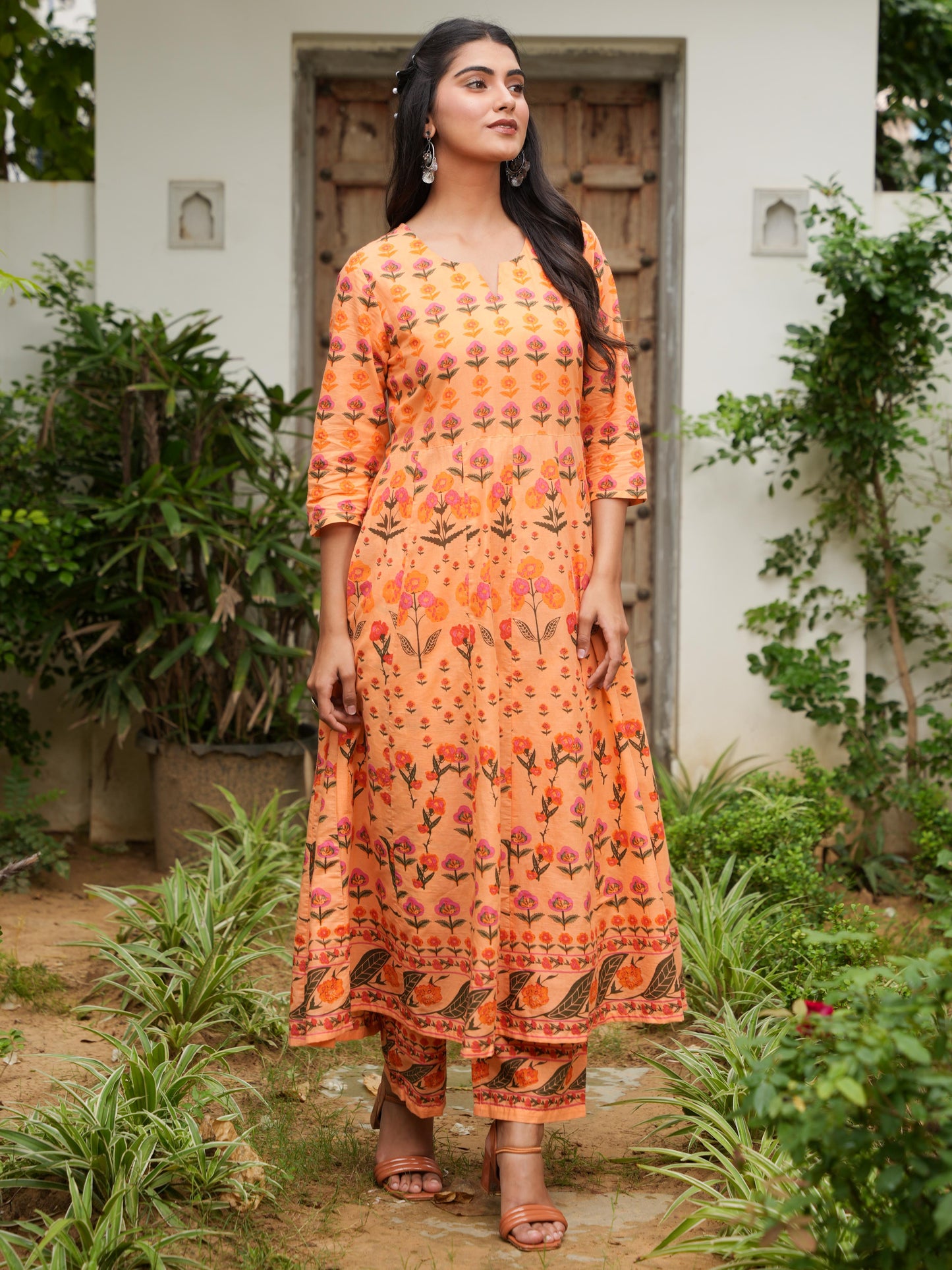 Soft Cotton Floral Anarkali Orange Kurta
