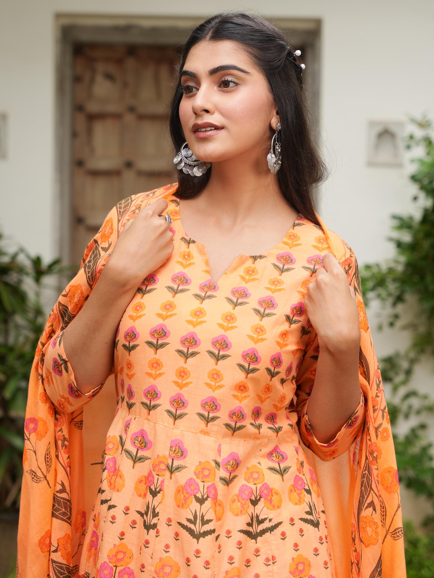 Soft Cotton Floral Anarkali Orange Kurta