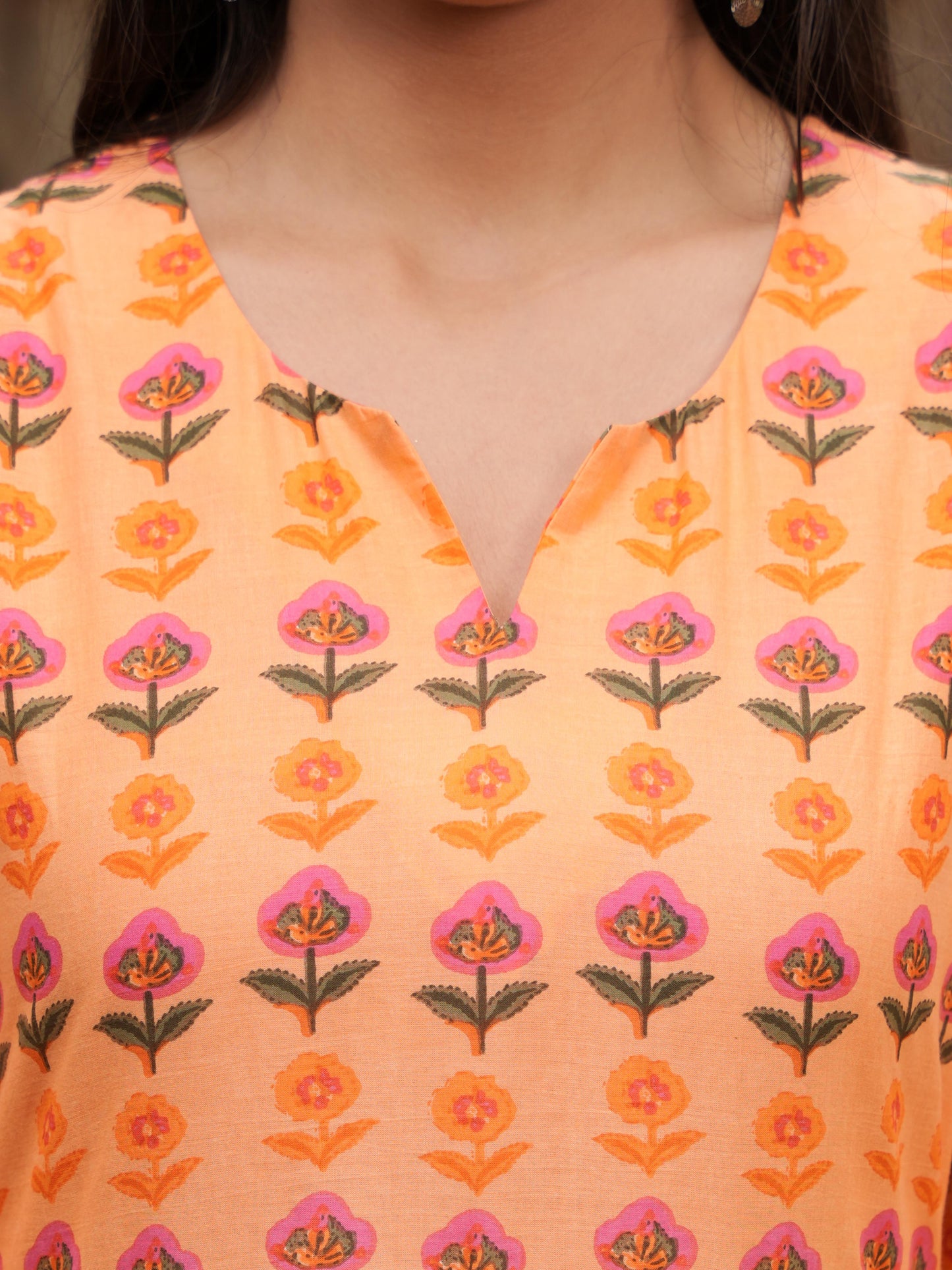 Soft Cotton Floral Anarkali Orange Kurta