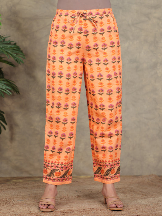 Soft Cotton Floral Orange Straight Trousers