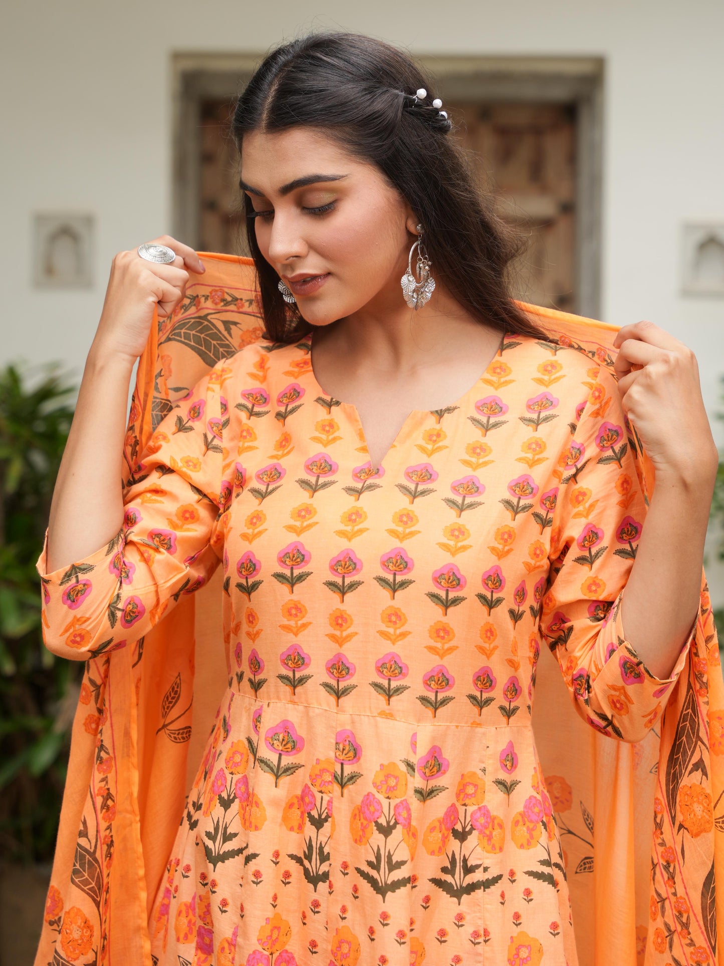 Soft Cotton Floral Anarkali Orange Kurta