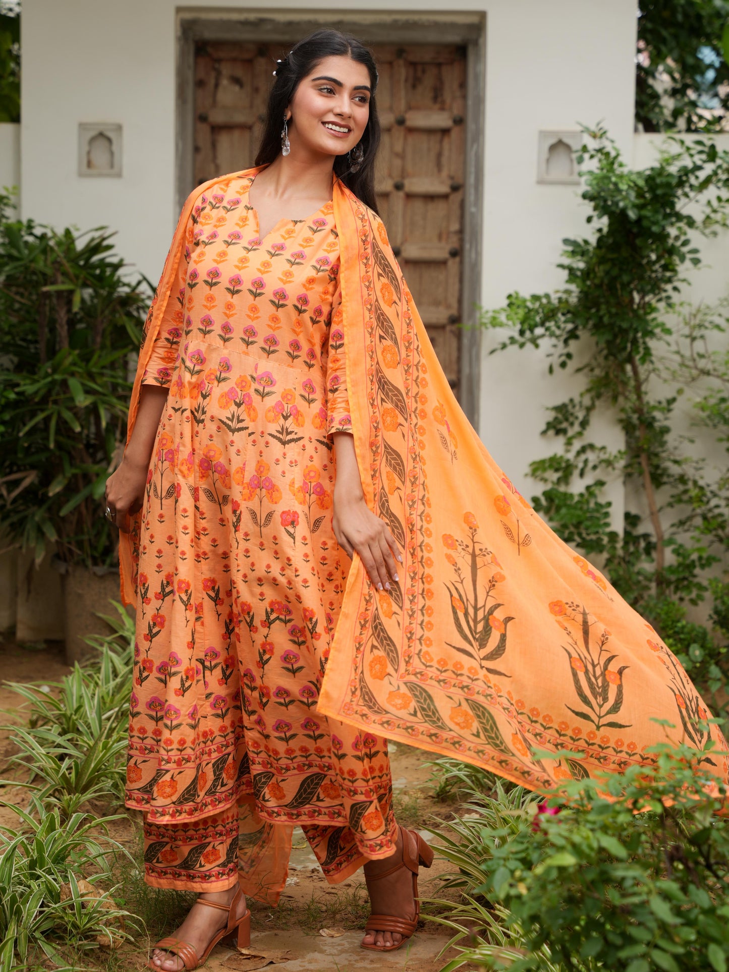 Soft Cotton Floral Anarkali Orange Kurta