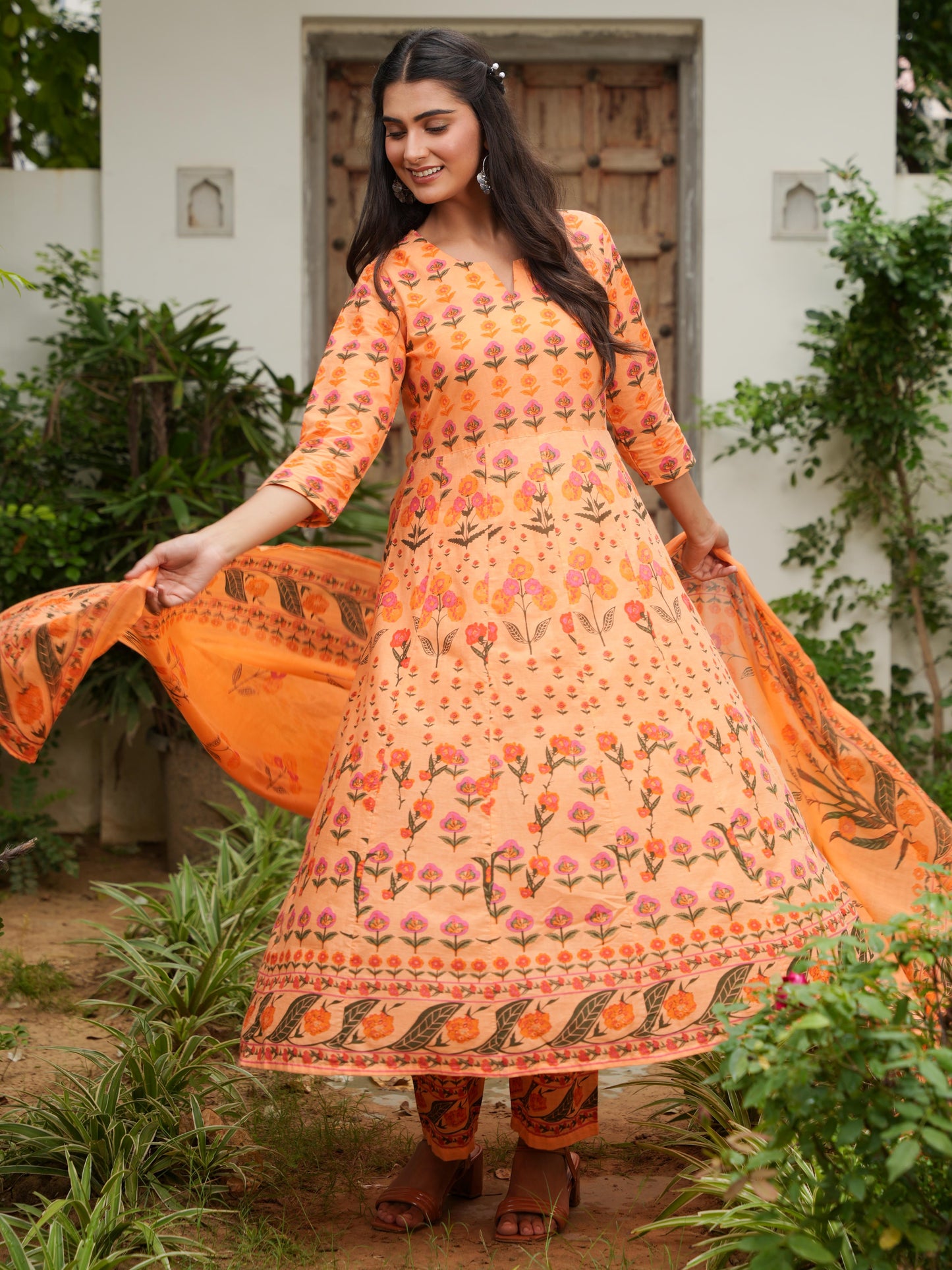 Soft Cotton Floral Anarkali Orange Kurta