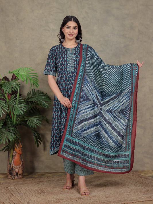 Cotton Voile Geometric Blue Dupatta