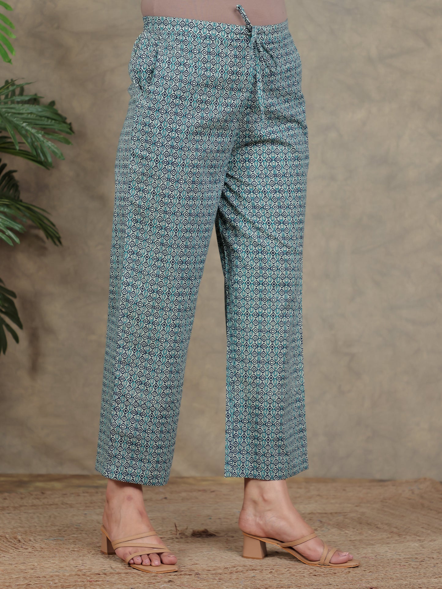Soft Cotton Geometric High Low Blue Kurta