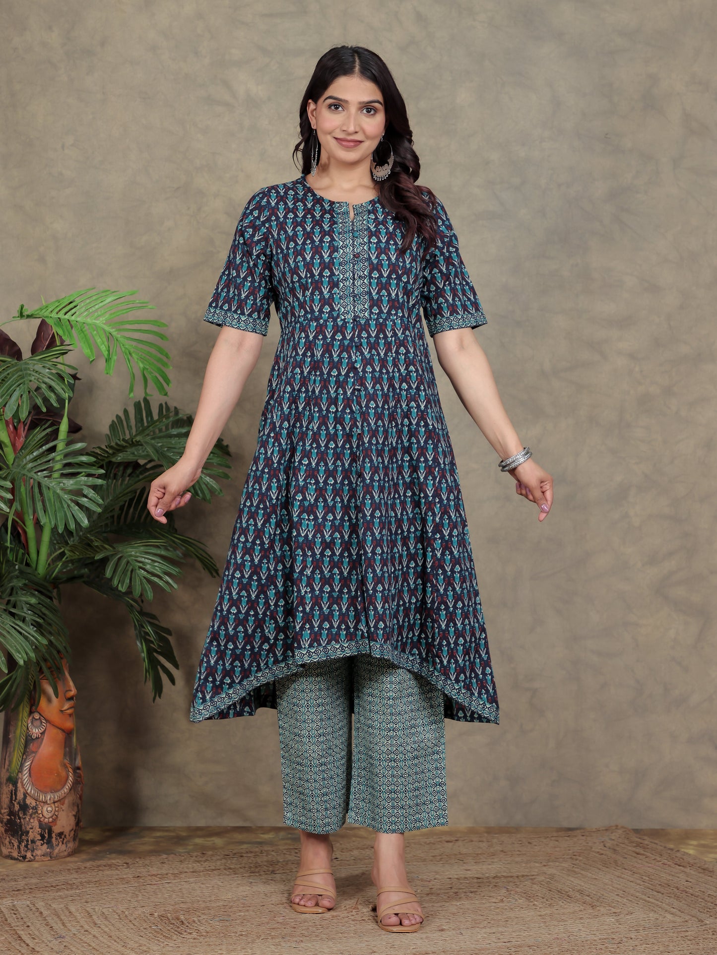 Soft Cotton Geometric High Low Blue Kurta