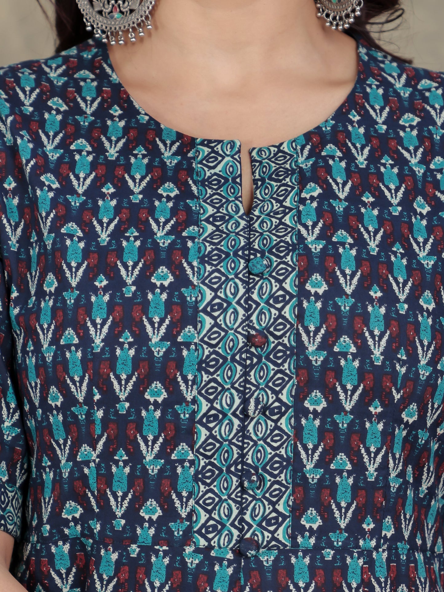 Soft Cotton Geometric High Low Blue Kurta