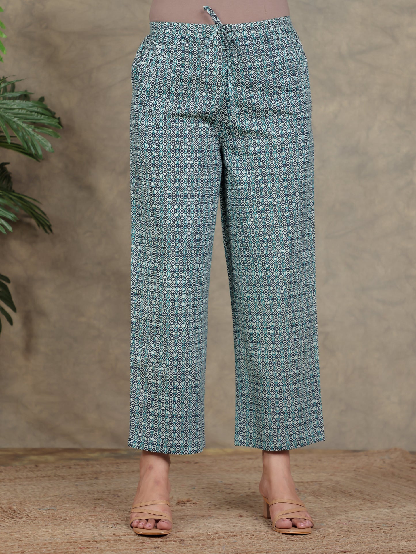 Soft Cotton Geometric High Low Blue Kurta