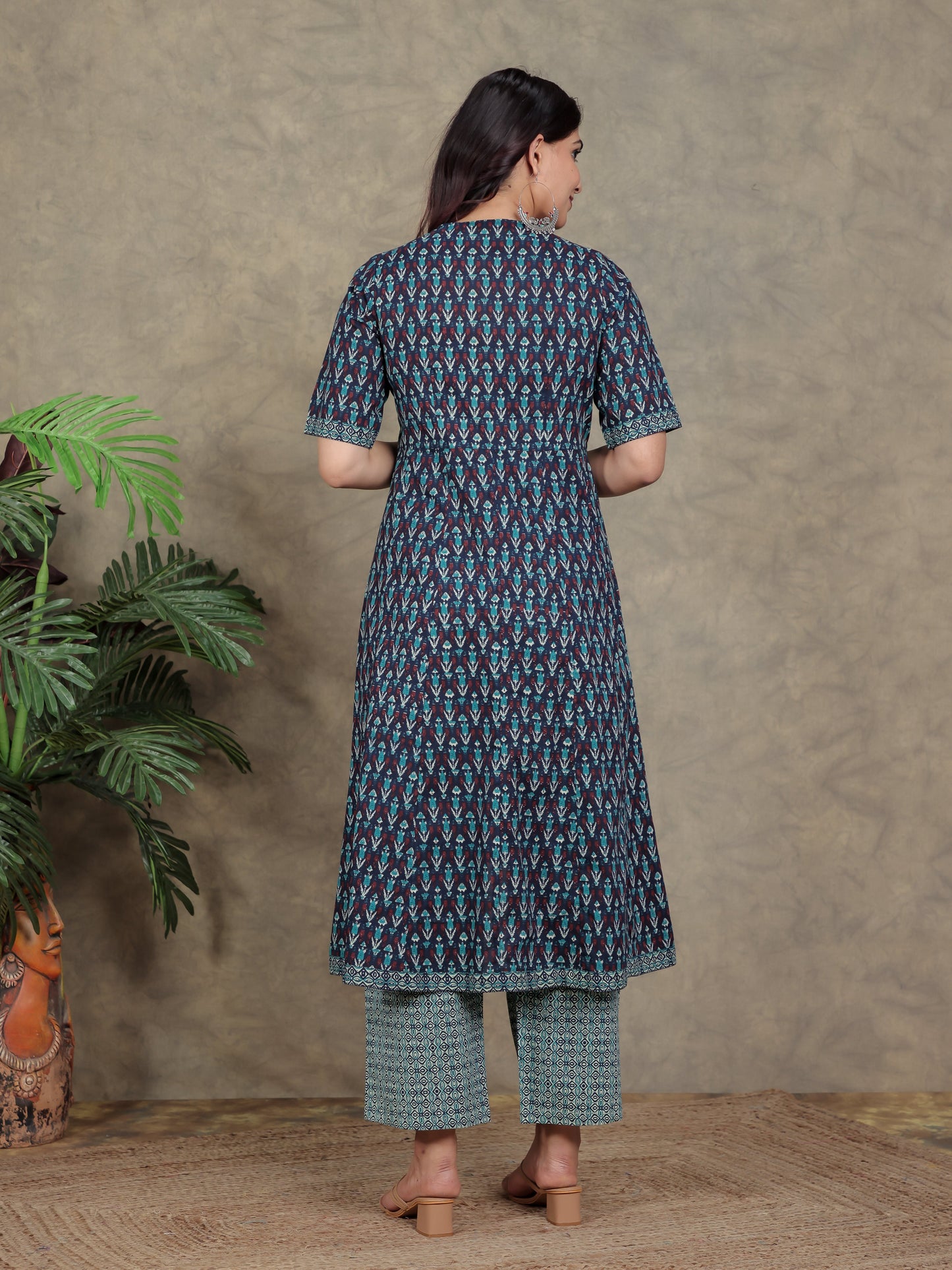 Soft Cotton Geometric High Low Blue Kurta