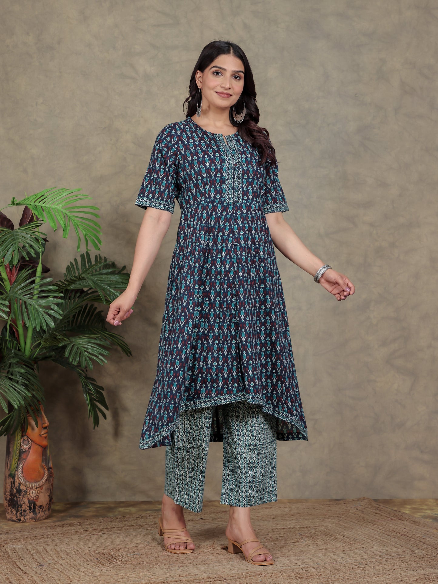 Soft Cotton Geometric High Low Blue Kurta