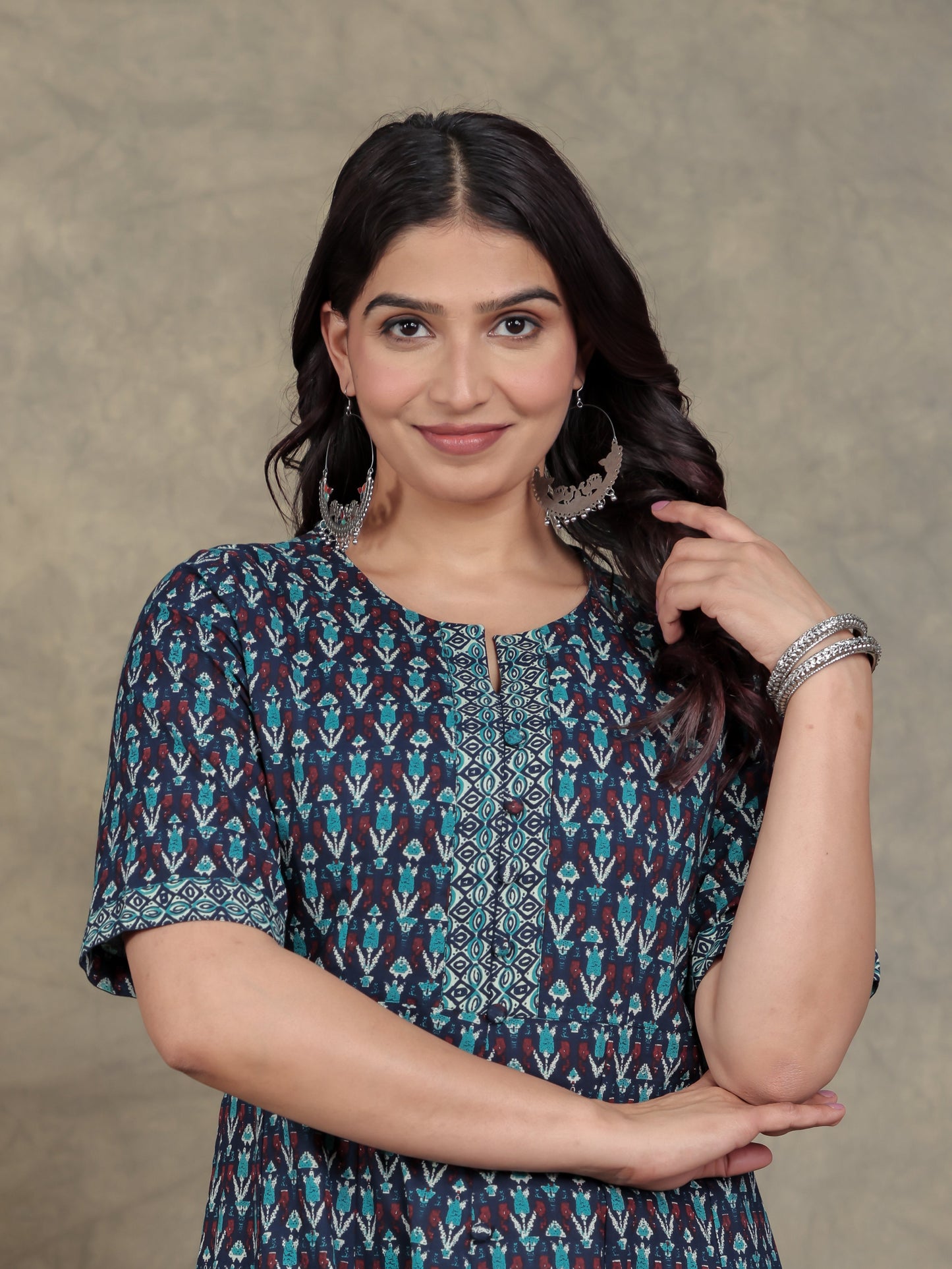 Soft Cotton Geometric High Low Blue Kurta