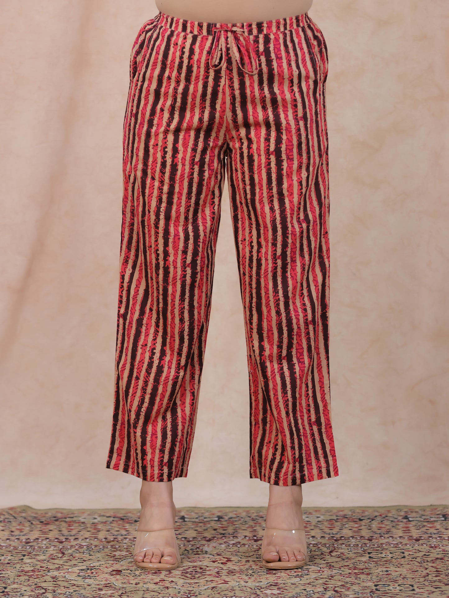 Soft Cotton Striped Pink Straight Trousers