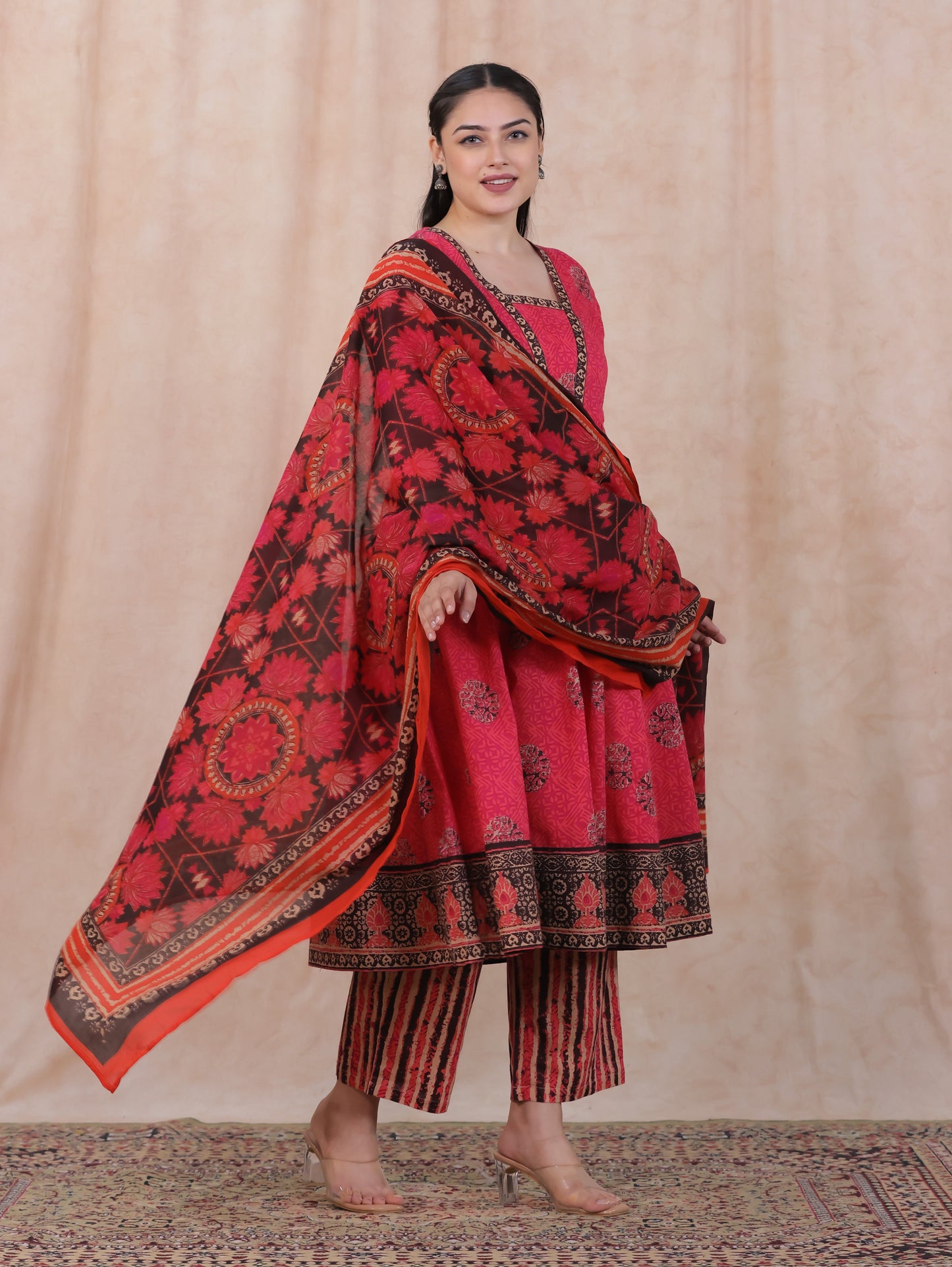 Cotton Voile Geometric Pink Dupatta