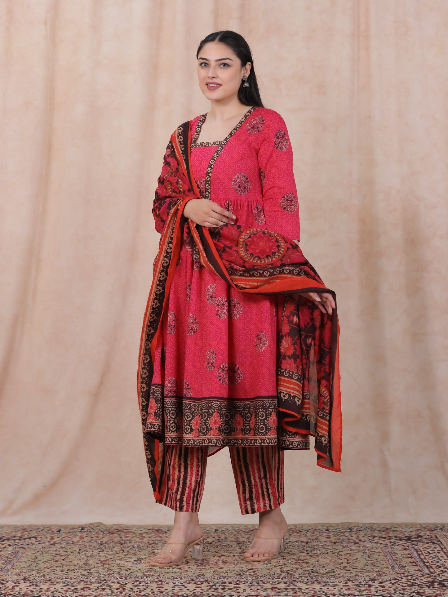 Cotton Voile Geometric Pink Dupatta