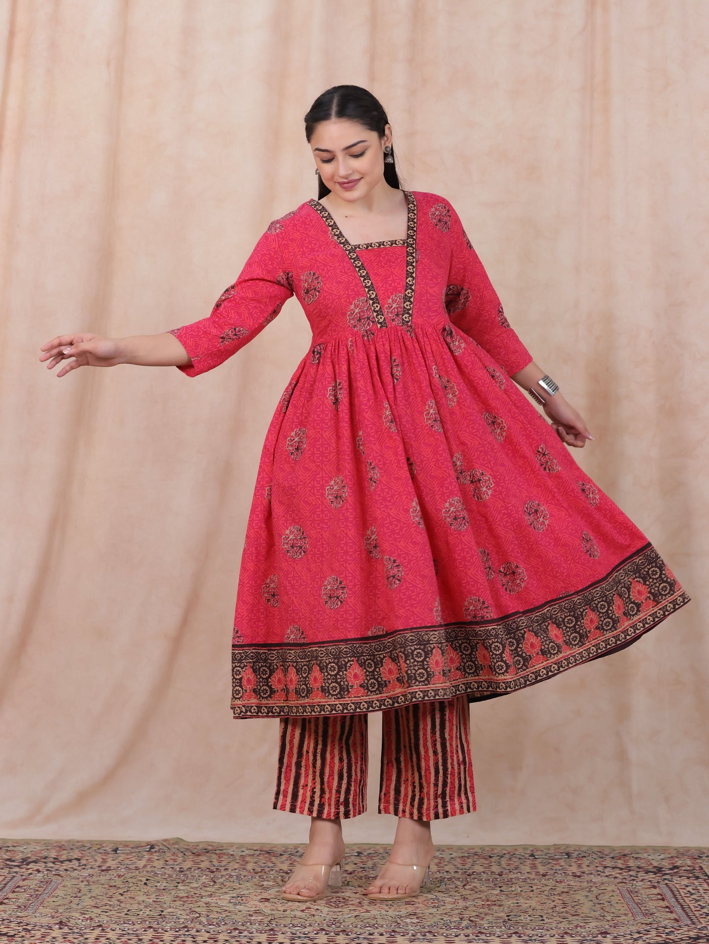 Soft Cotton Geometric Anarkali Pink Kurta