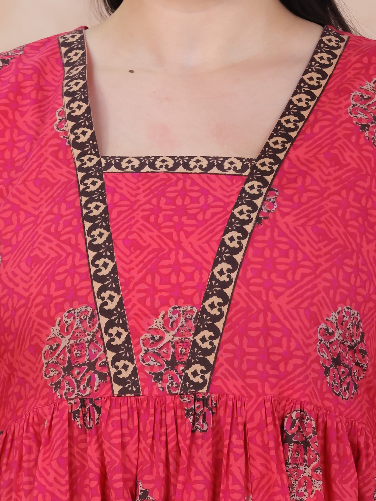 Soft Cotton Geometric Anarkali Pink Kurta