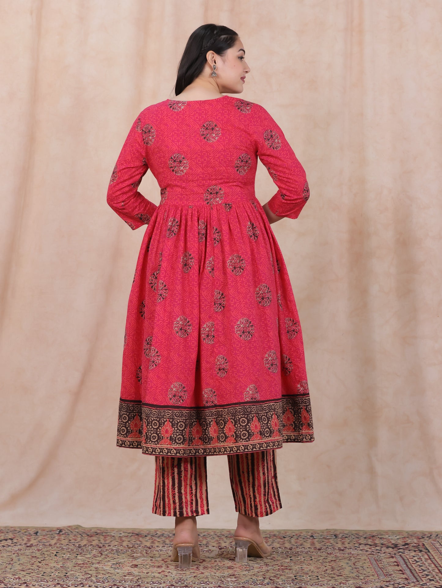 Soft Cotton Geometric Anarkali Pink Kurta