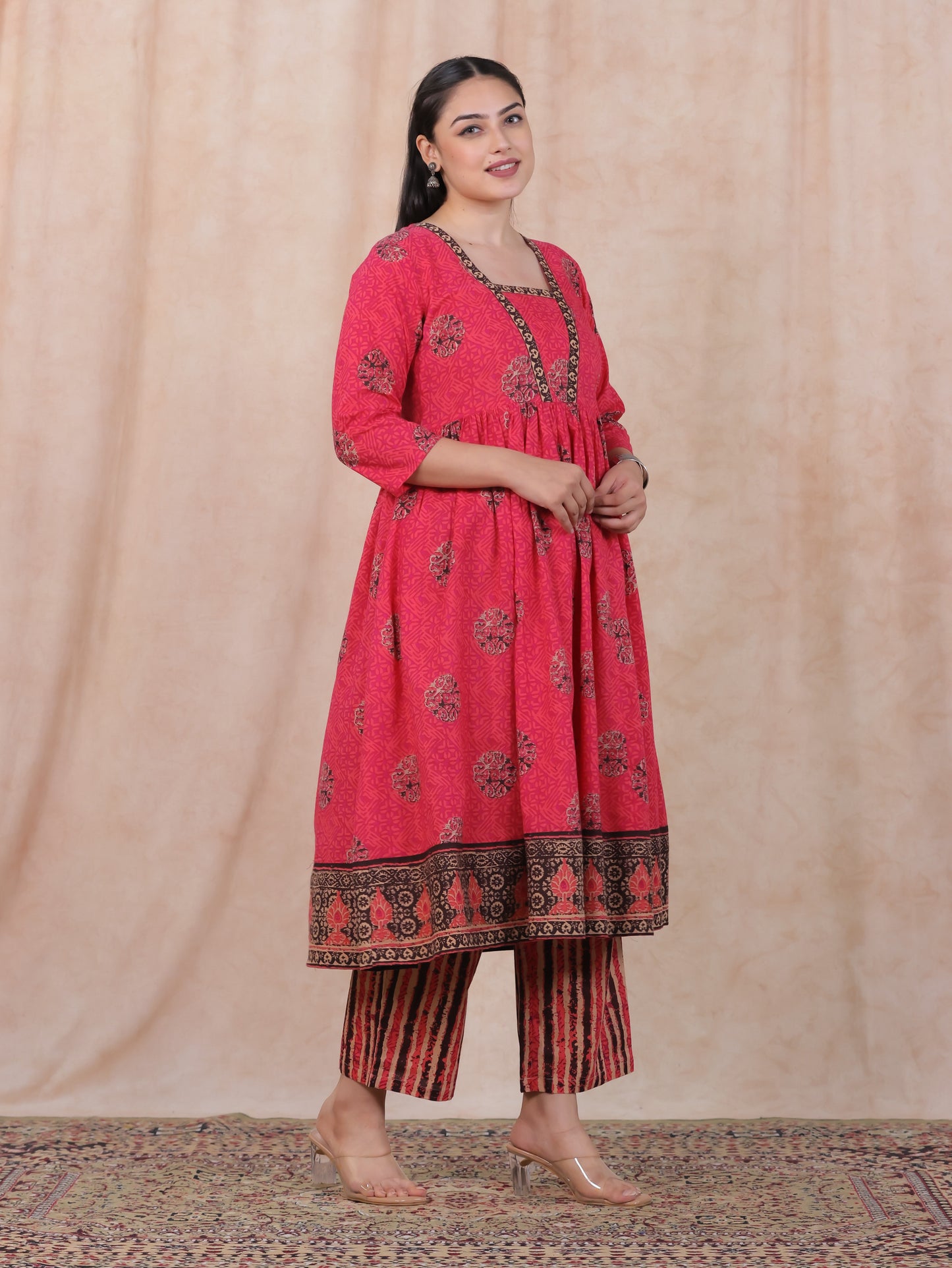 Soft Cotton Geometric Anarkali Pink Kurta