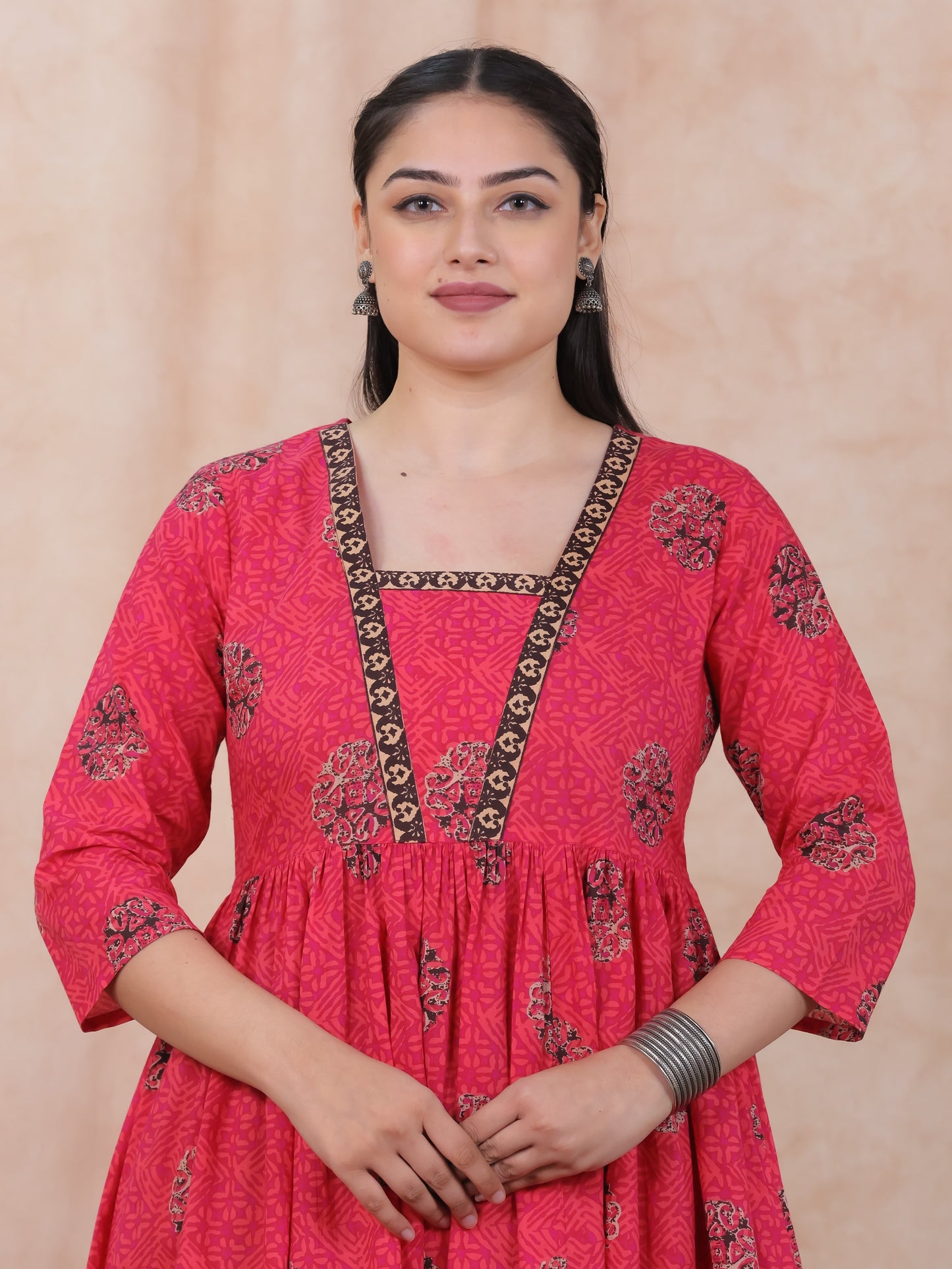 Soft Cotton Geometric Anarkali Pink Kurta