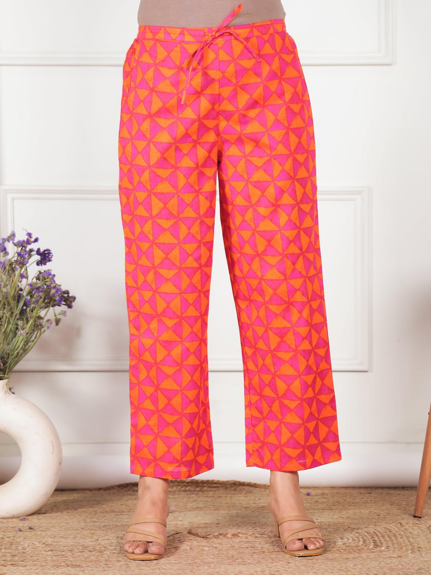 Soft Cotton Geometric Orange Trousers Straight Trousers