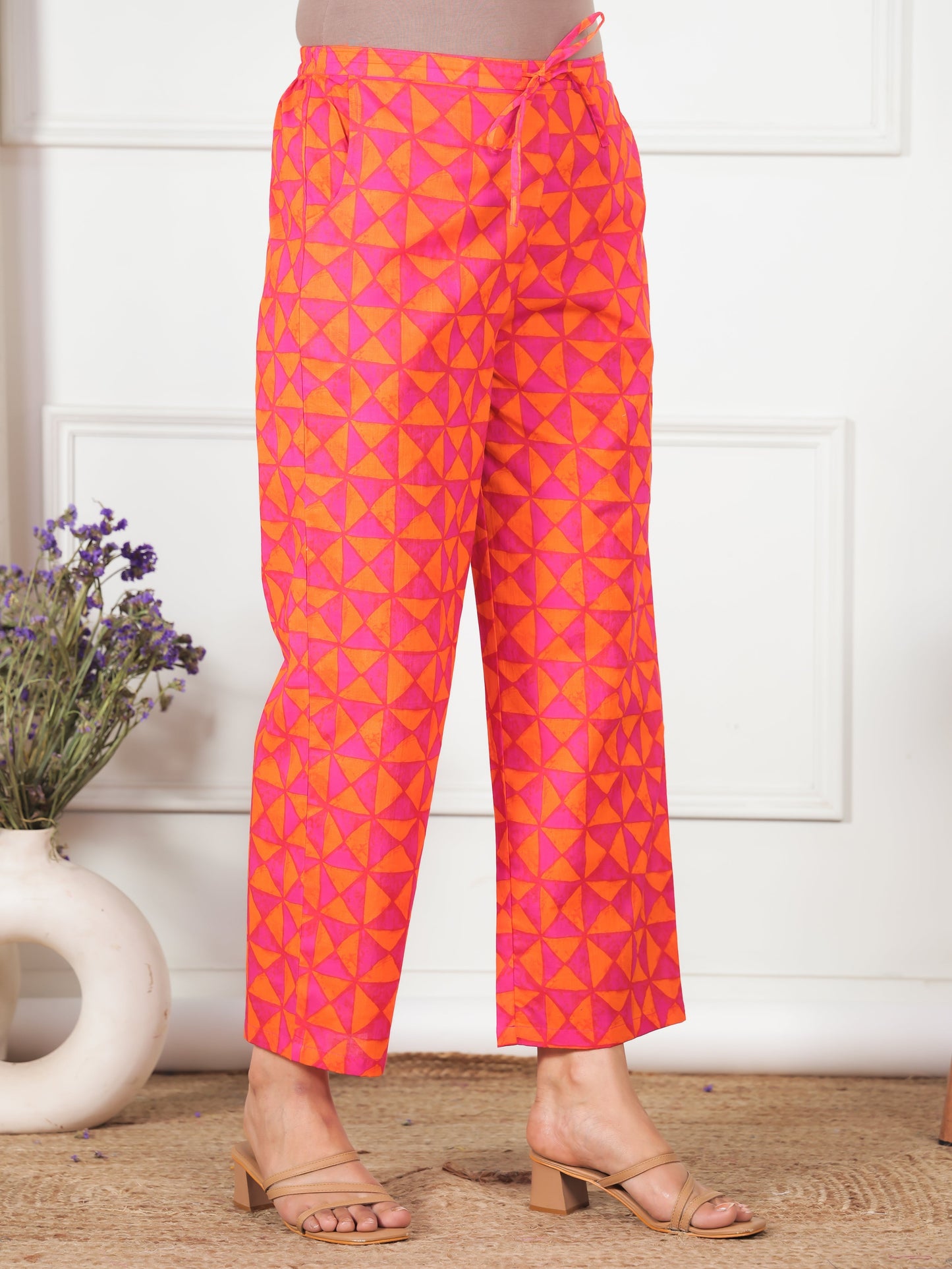 Soft Cotton Geometric Orange Trousers Straight Trousers