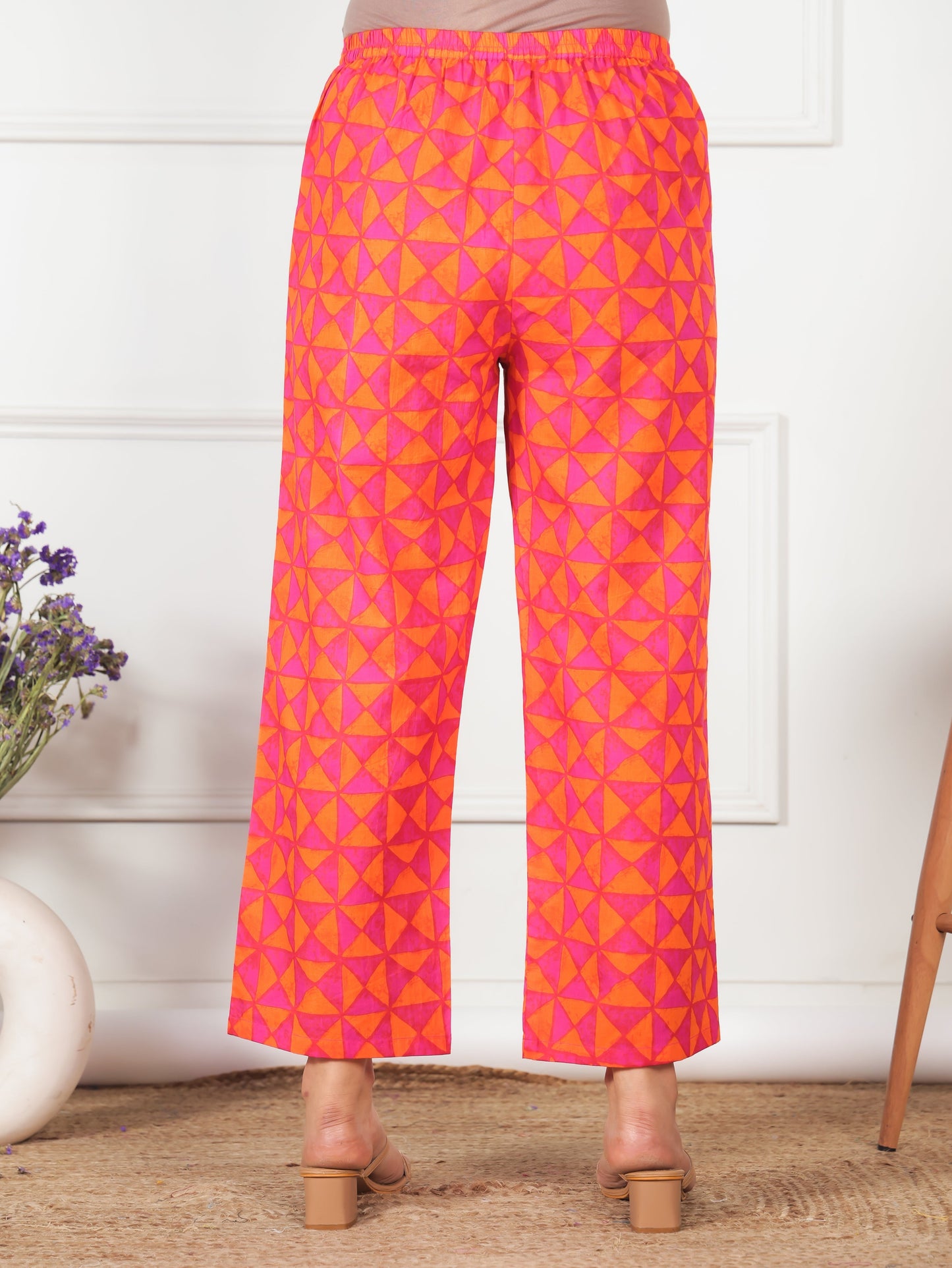 Soft Cotton Geometric Orange Trousers Straight Trousers