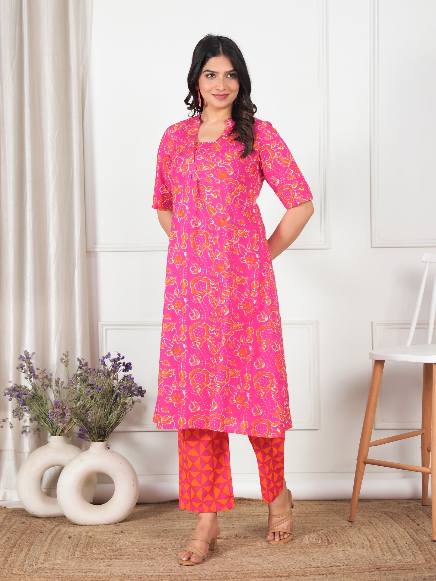 Embroidered Linen Cotton Abstract Flared Orange Kurta