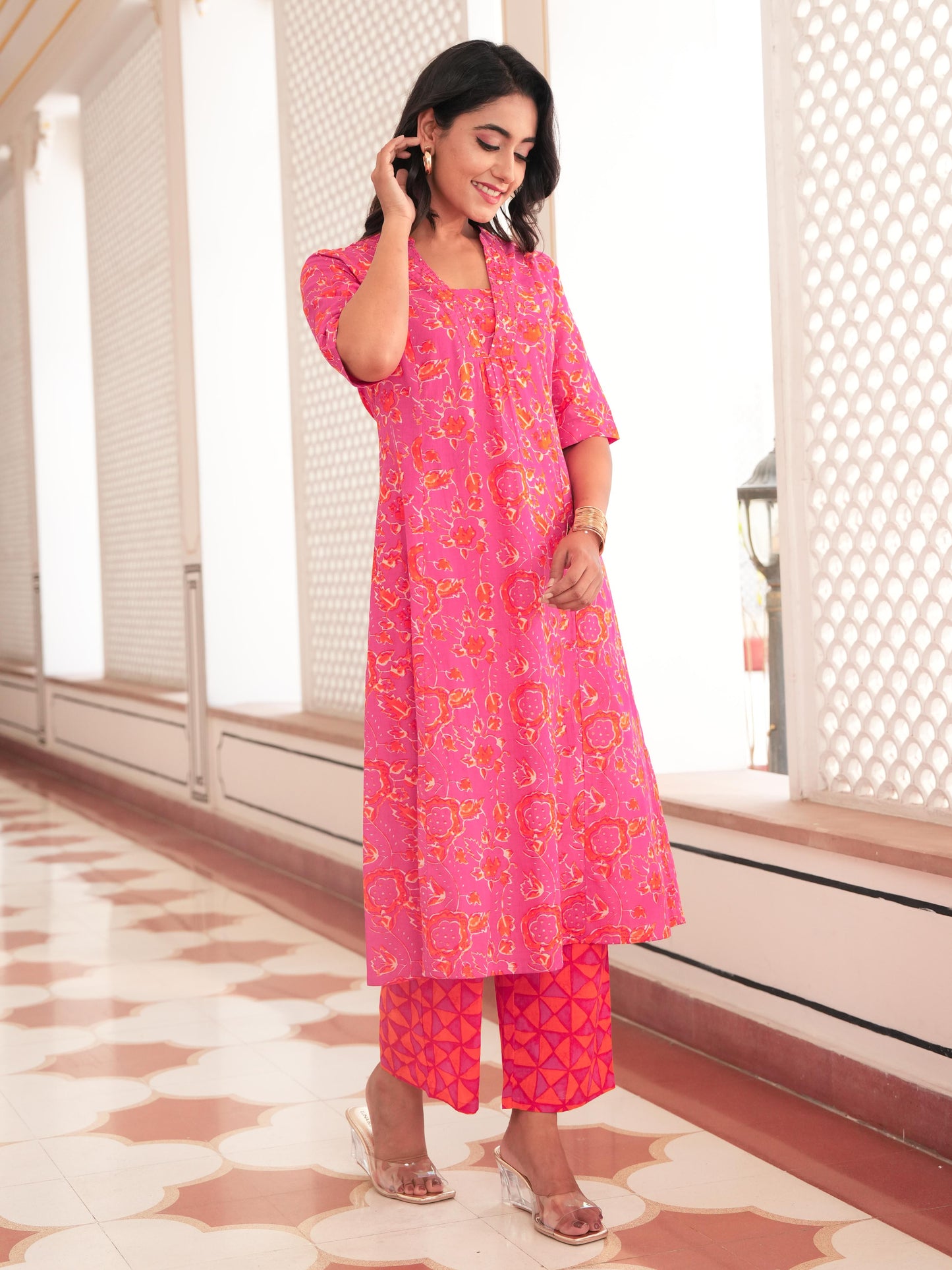Embroidered Linen Cotton Abstract Flared Orange Kurta