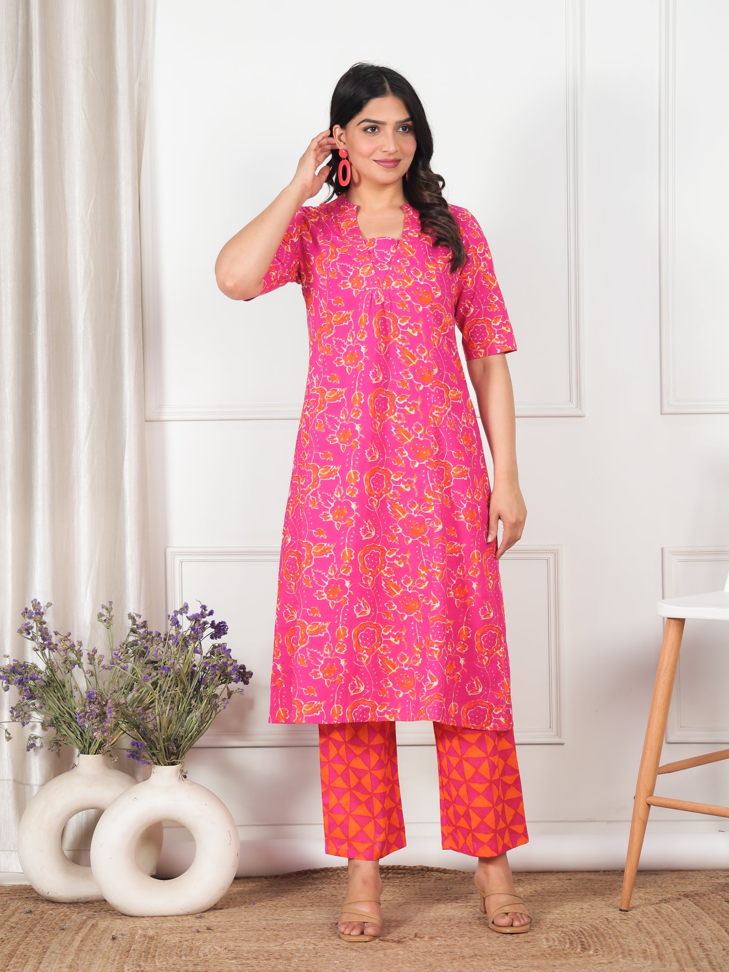 Embroidered Linen Cotton Abstract Flared Orange Kurta