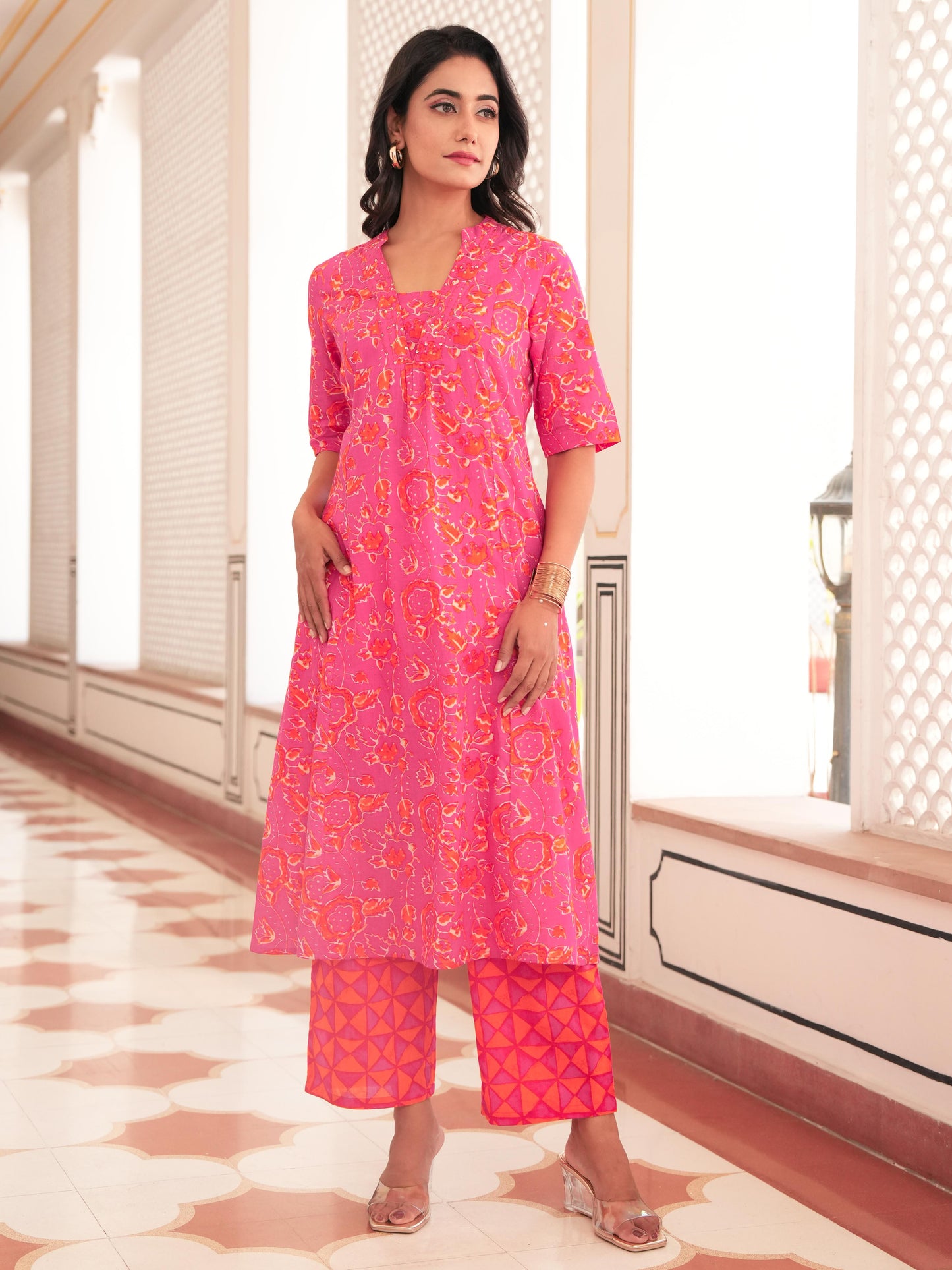 Embroidered Linen Cotton Abstract Flared Orange Kurta