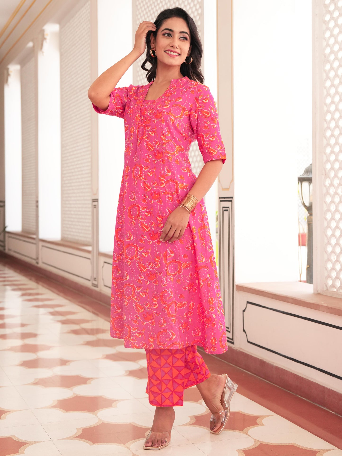 Embroidered Linen Cotton Abstract Flared Orange Kurta